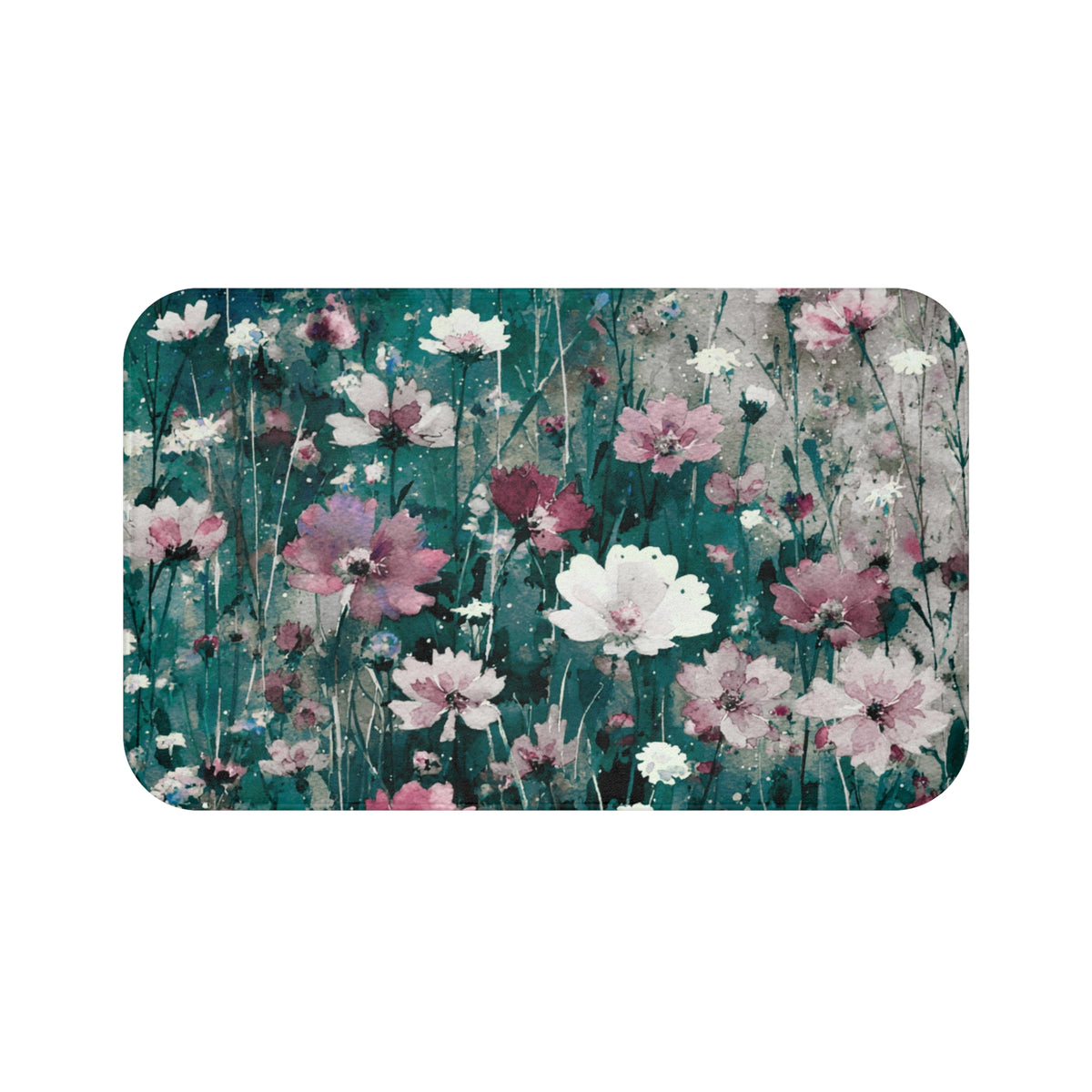 Teal Pink Cosmos Meadow Bath Mat, Kitchen Mat