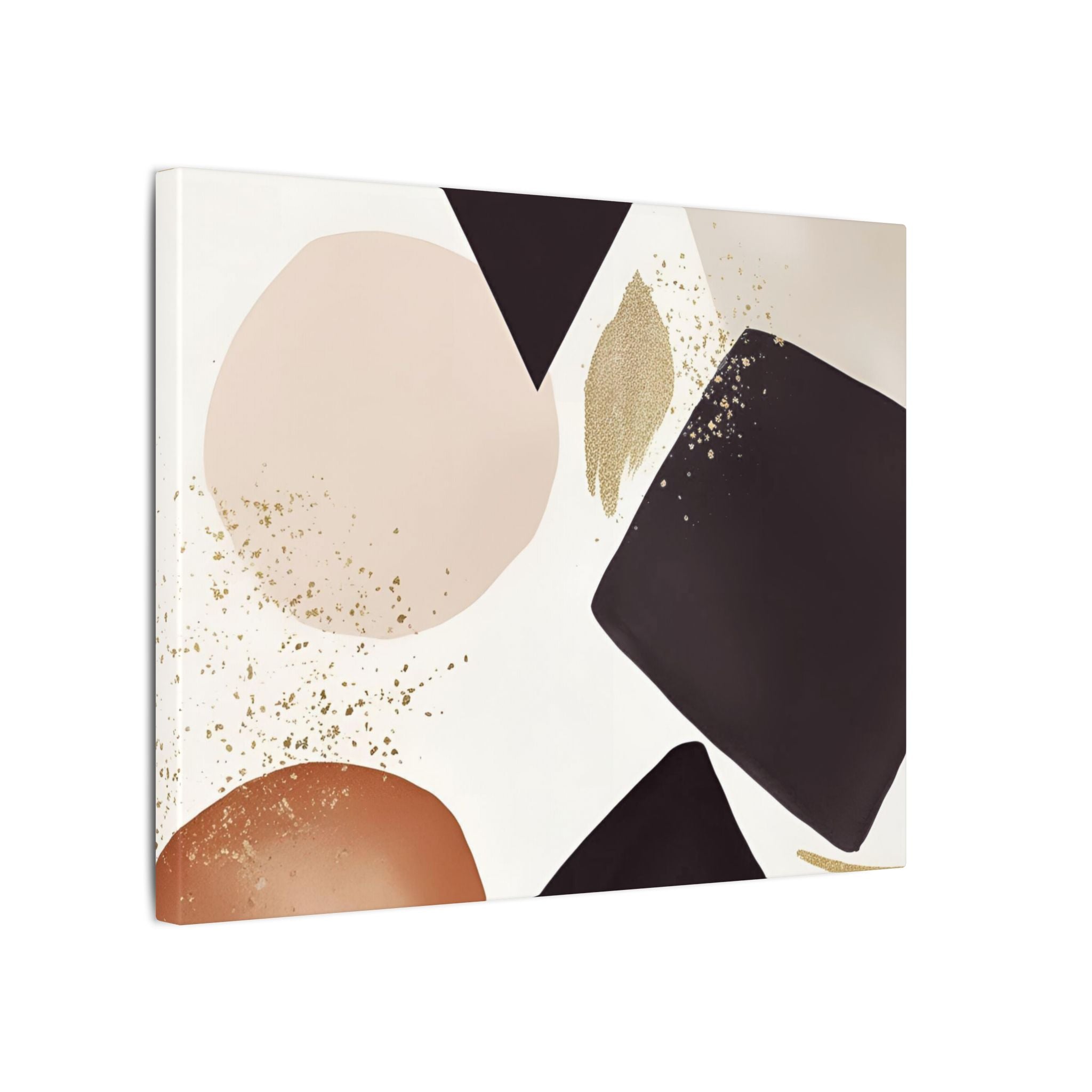 The image is a modern abstract art piece featuring a variety of shapes and colors, including shades of pink, black, and gold.