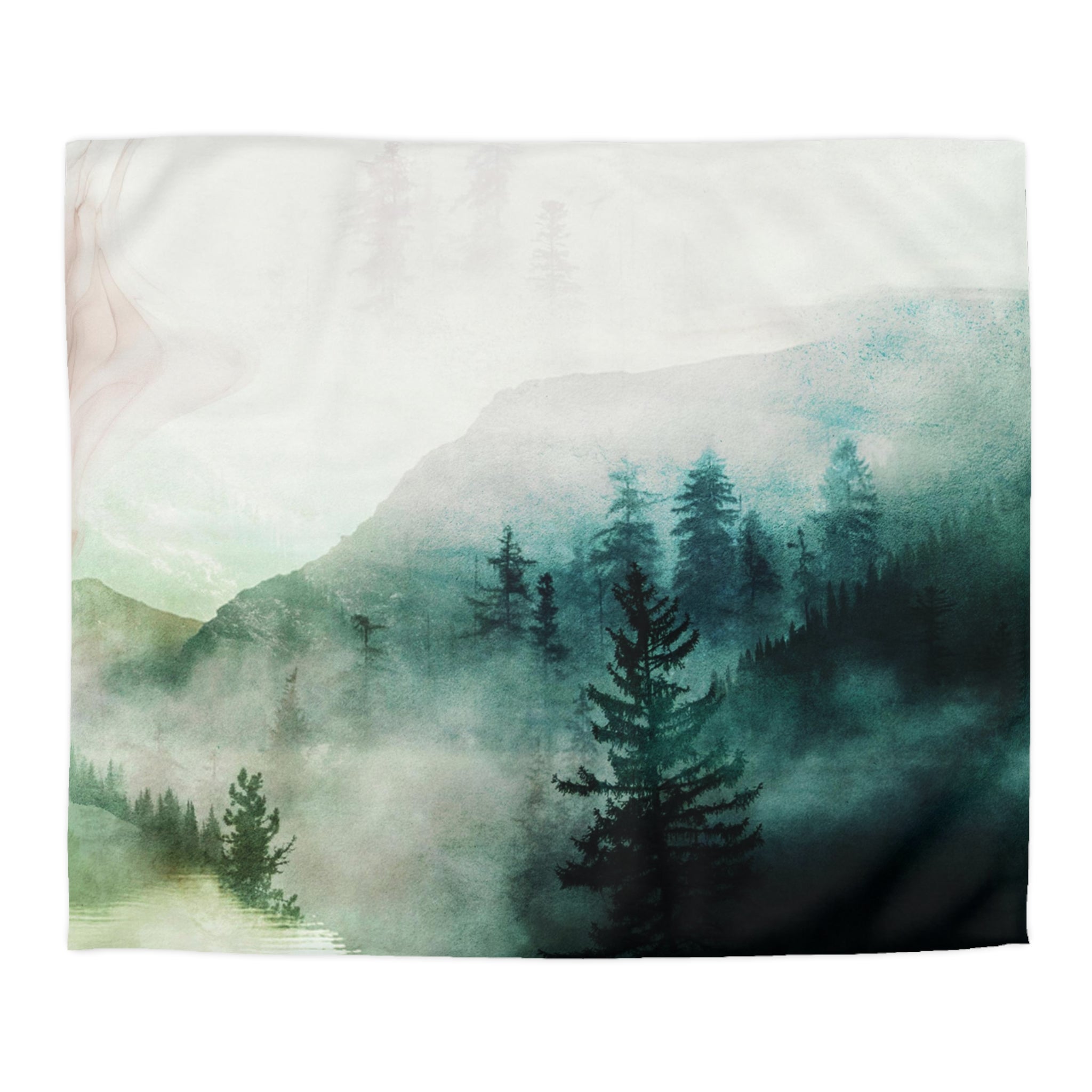 a serene forest landscape with tall trees and misty mountains in the background.