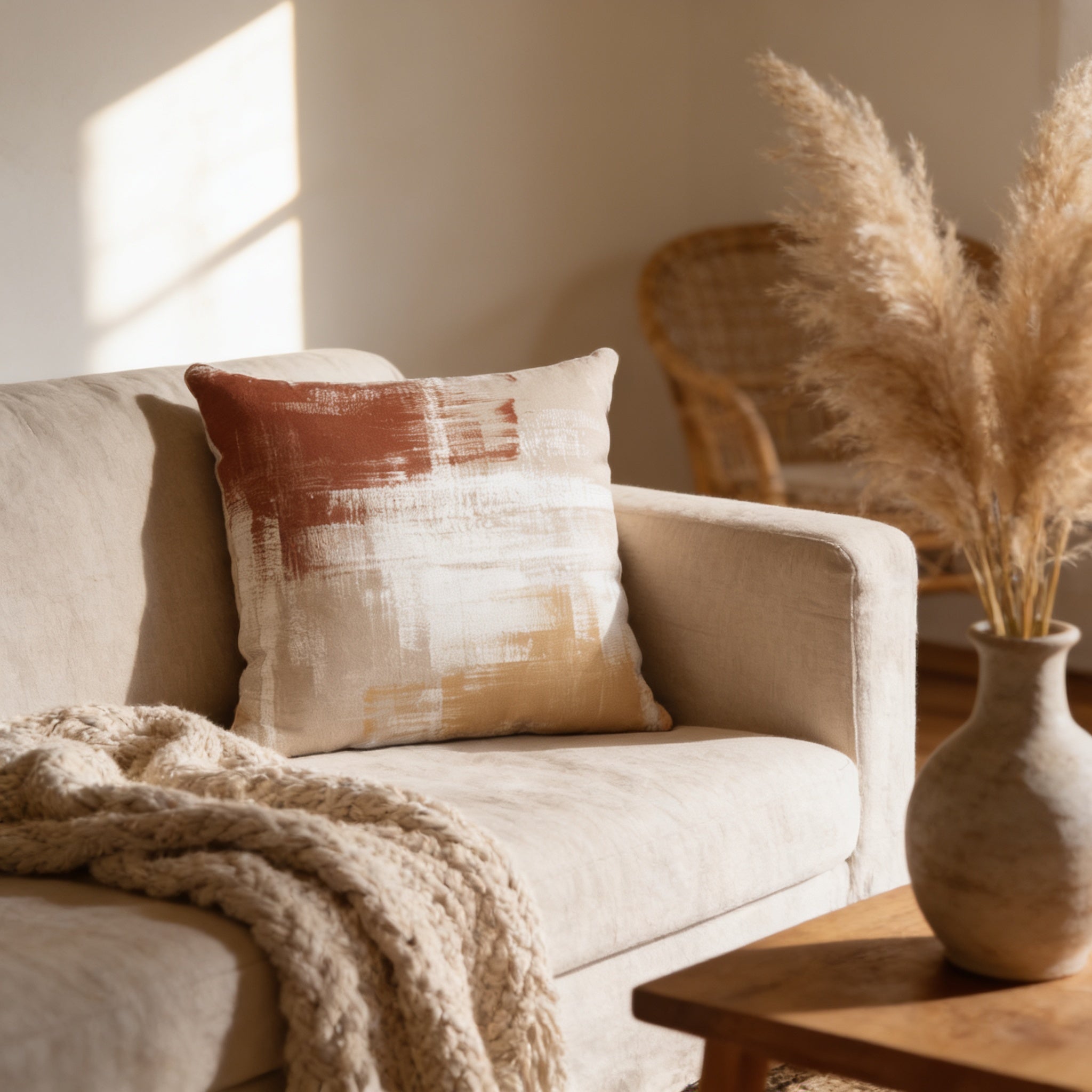 a cozy living room with a beige sofa, a throw blanket, and a vase of pampas grass.
