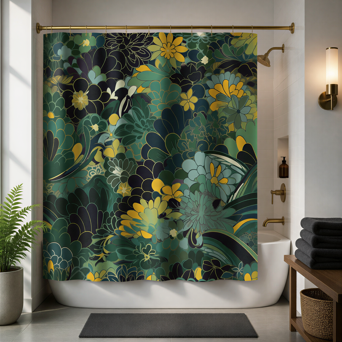 a bathroom with a shower curtain that has a vibrant, colorful floral pattern. The shower curtain is hanging in front of a white bathtub, which is situated in a room with a wooden floor. There are also some potted plants and towels visible in the room.