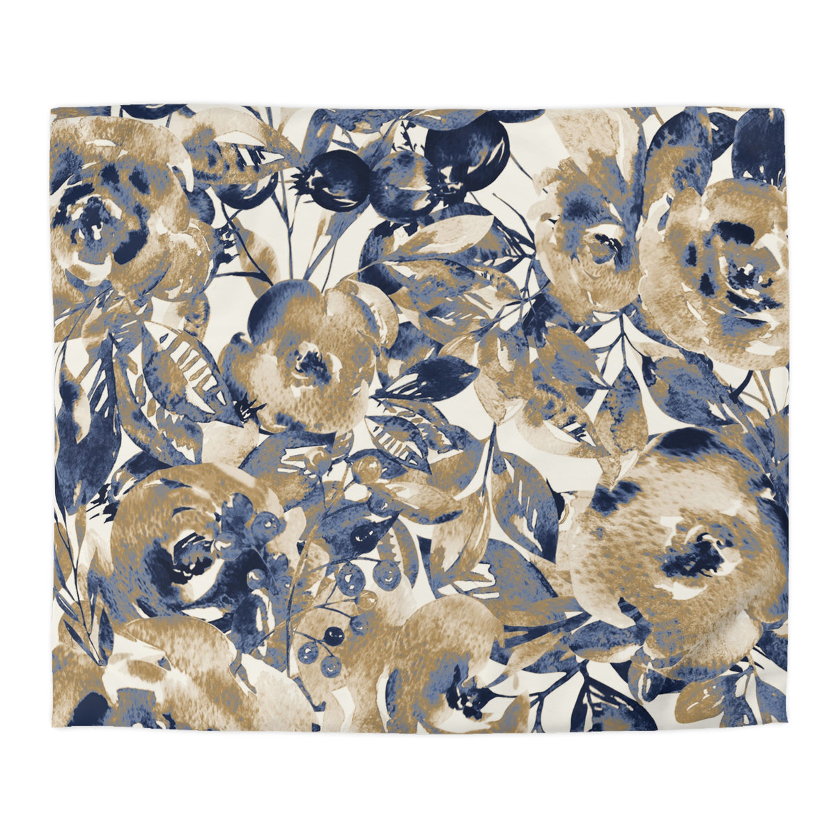 a floral pattern with various shades of blue and brown flowers and leaves.