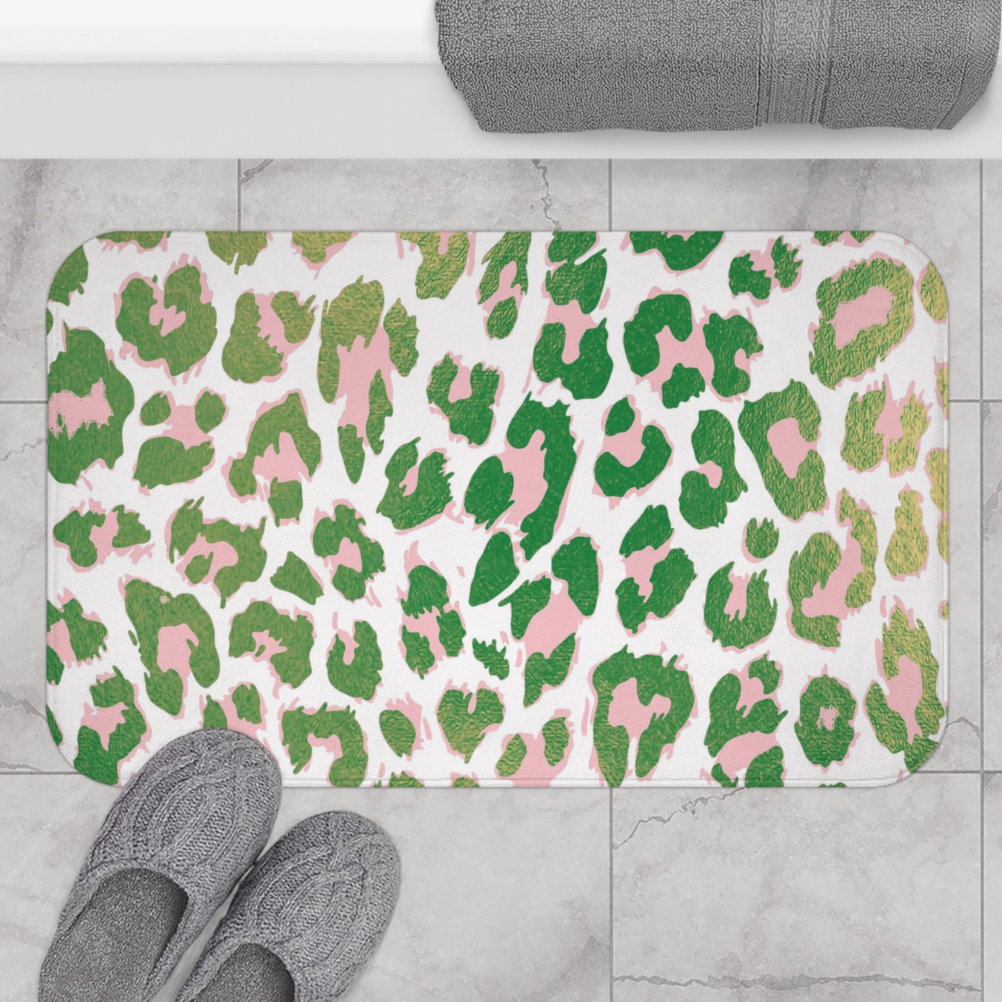 Boho Bath, Kitchen Floor Mat | Beige Pink, White Animal Print