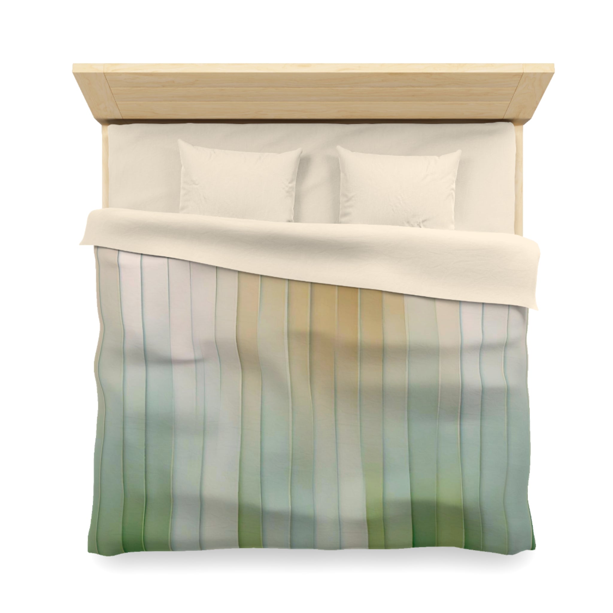 A neatly made bed with a wooden headboard and a colorful striped comforter.