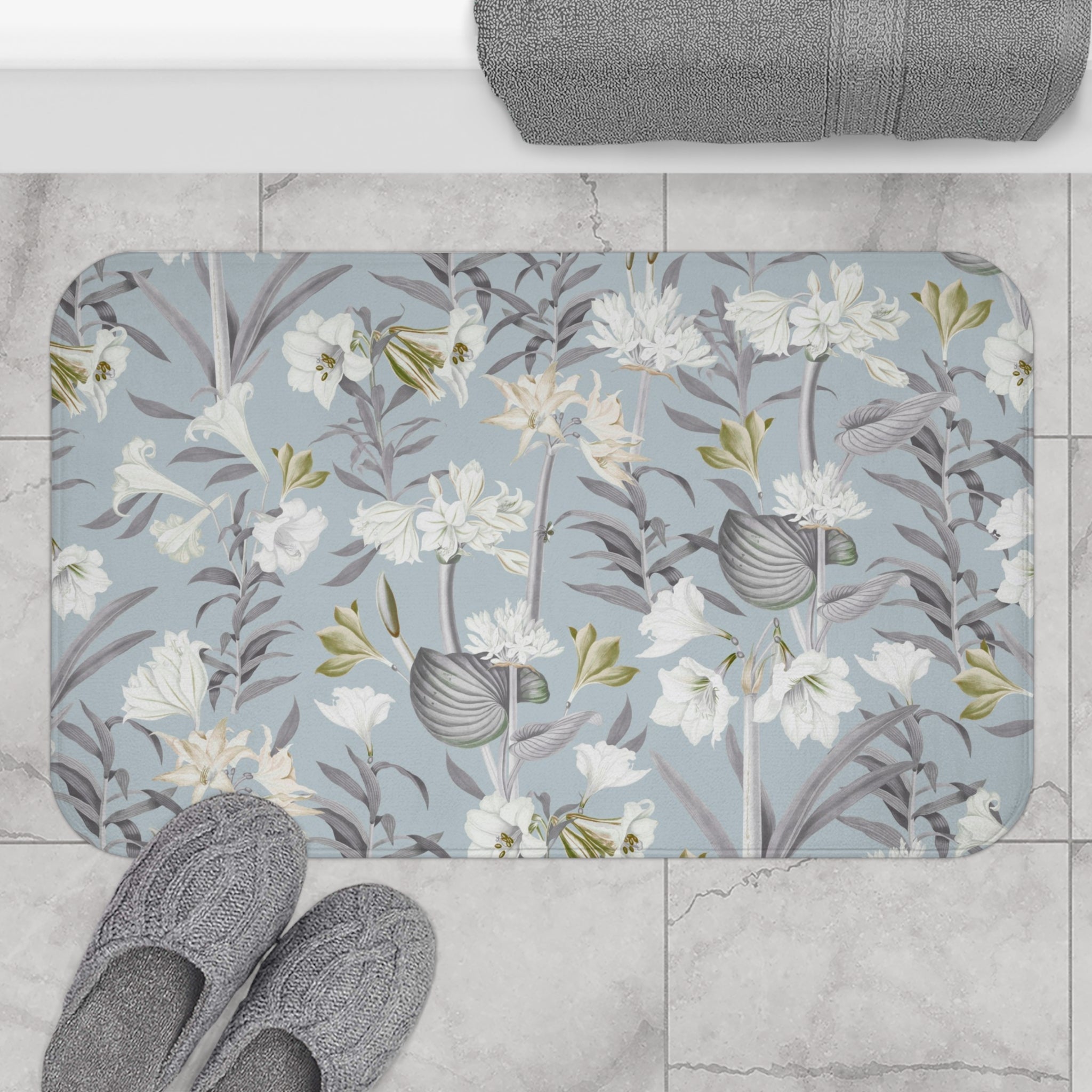 Boho Floral Bath Mat | Pale Blue White Grey Kitchen Mat