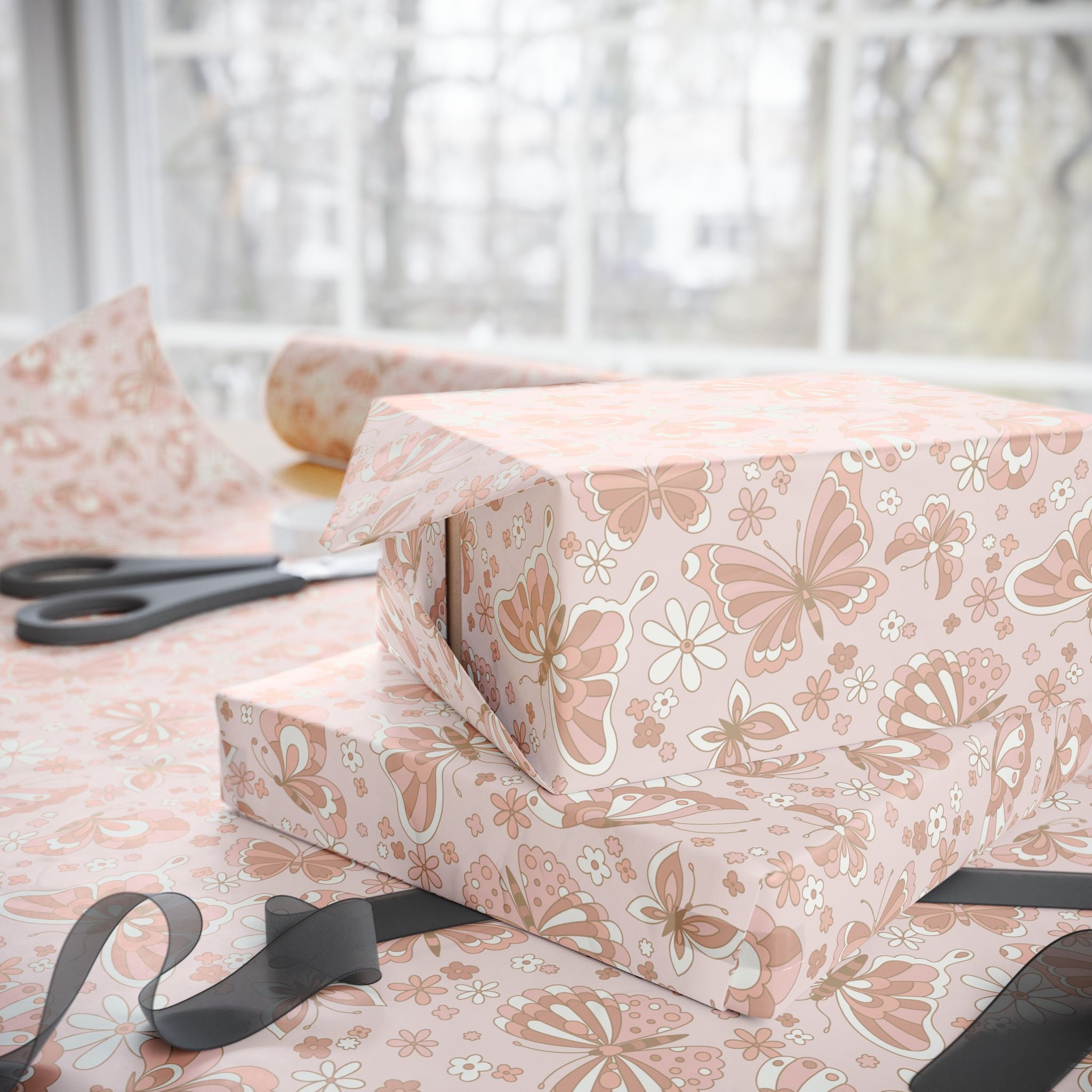 Retro Butterflies Wrapping Paper, Blush Pink Botanical Gift Wrapping for the Holidays, Birthdays