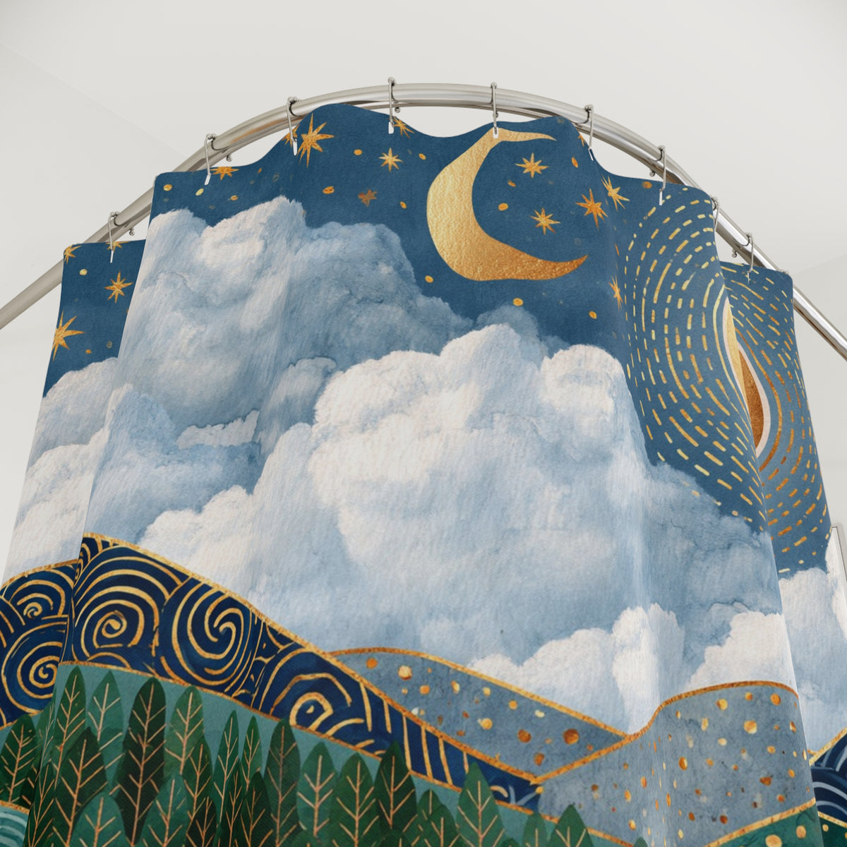 a shower curtain with a night sky scene, including a crescent moon, stars, and clouds.