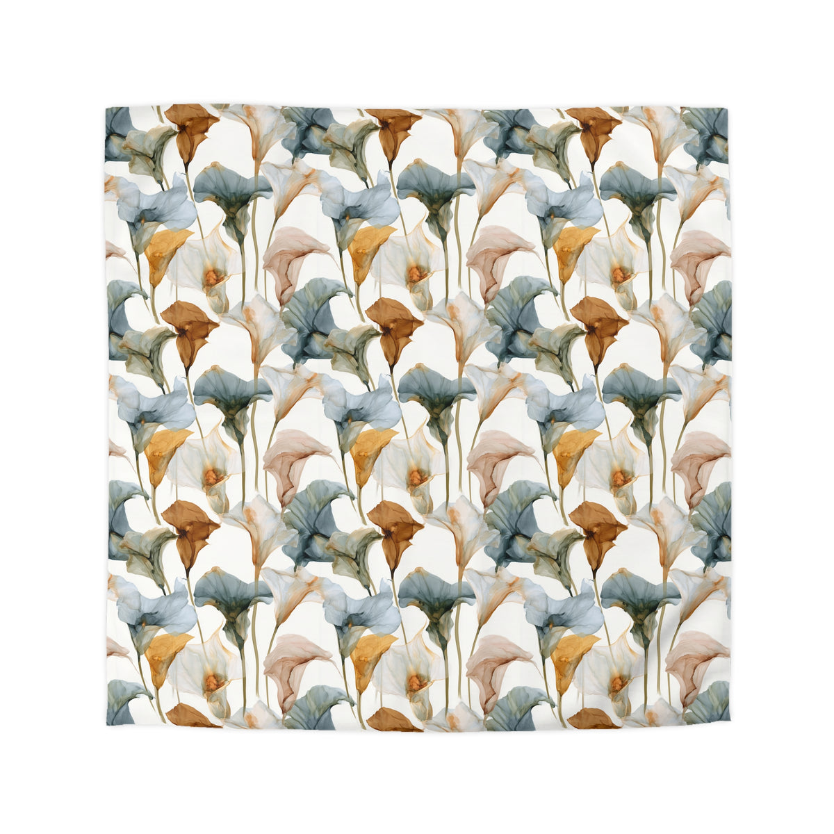 a repeating pattern of colorful flowers in shades of blue, green, and orange.