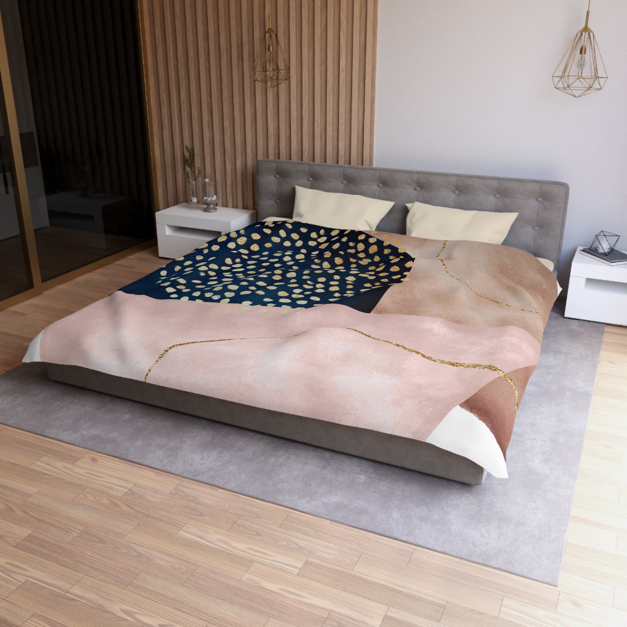 Abstract Boho Duvet Cover | Blush Pink, Beige, Navy Blue Watercolor | Bedroom Decor