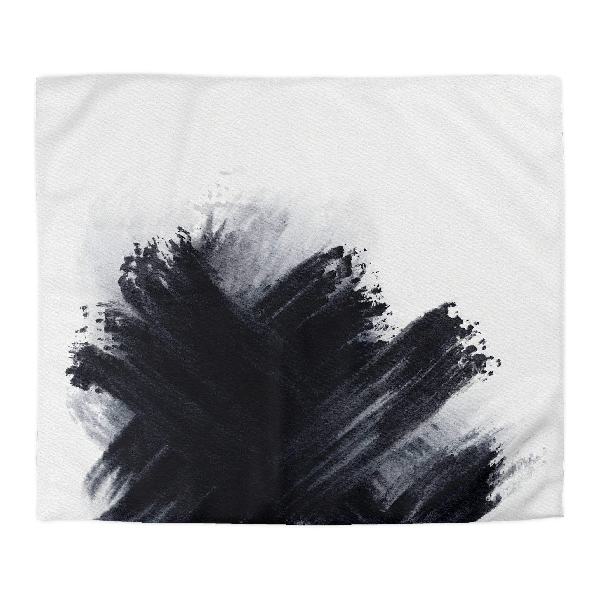 The image is a square with a black and white abstract painting or brush stroke design.