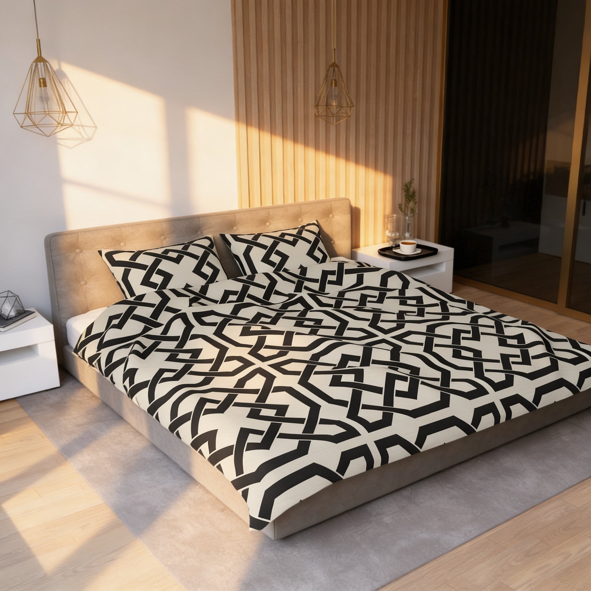 a modern bedroom with a large bed covered in a black and white geometric patterned comforter. The bed is positioned against a wall with wooden paneling, and there are two pendant lights hanging above it. The room also features a nightstand and a rug on the floor.
