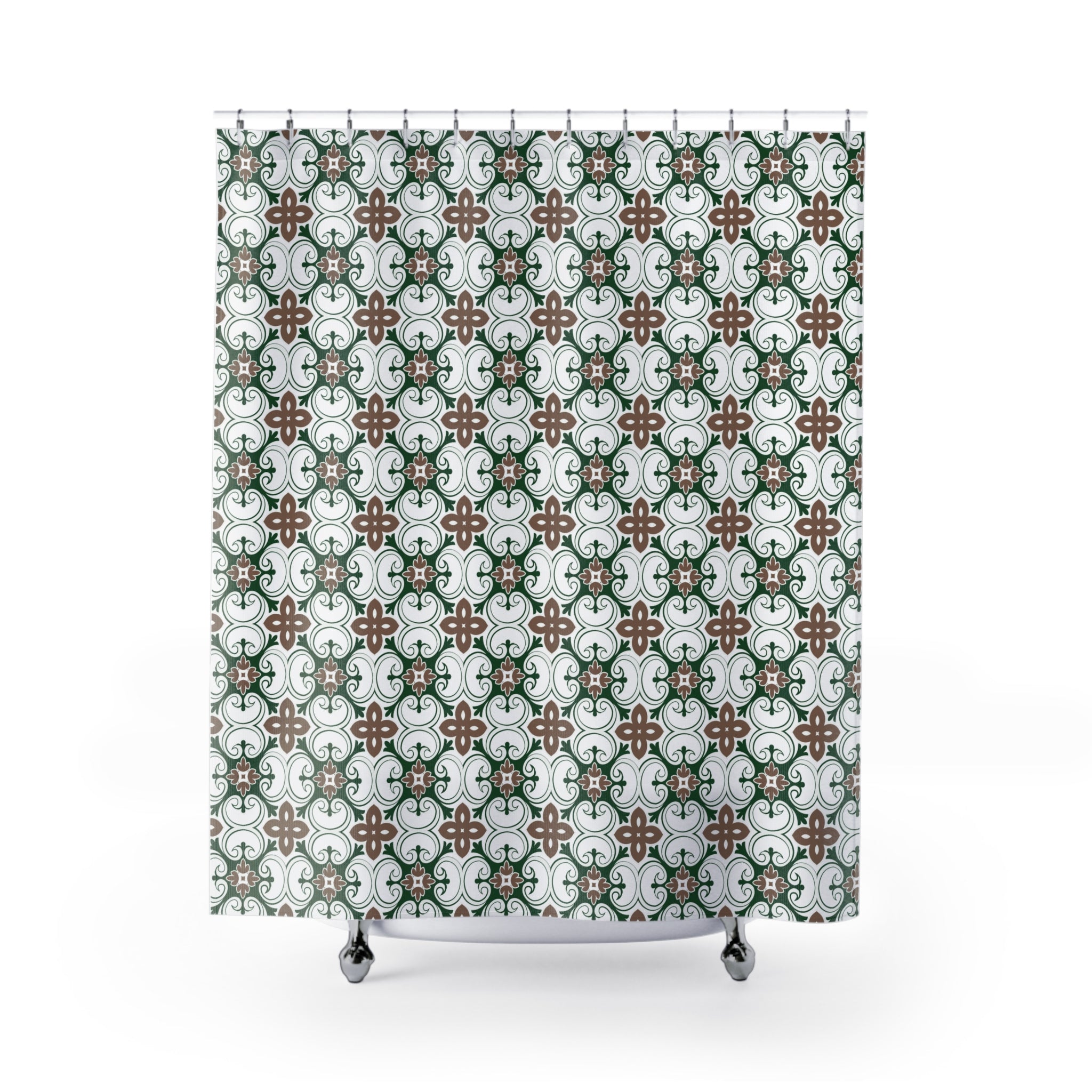 Retro Abstract Art Shower Curtain | Earthy Beige, Forest Green White