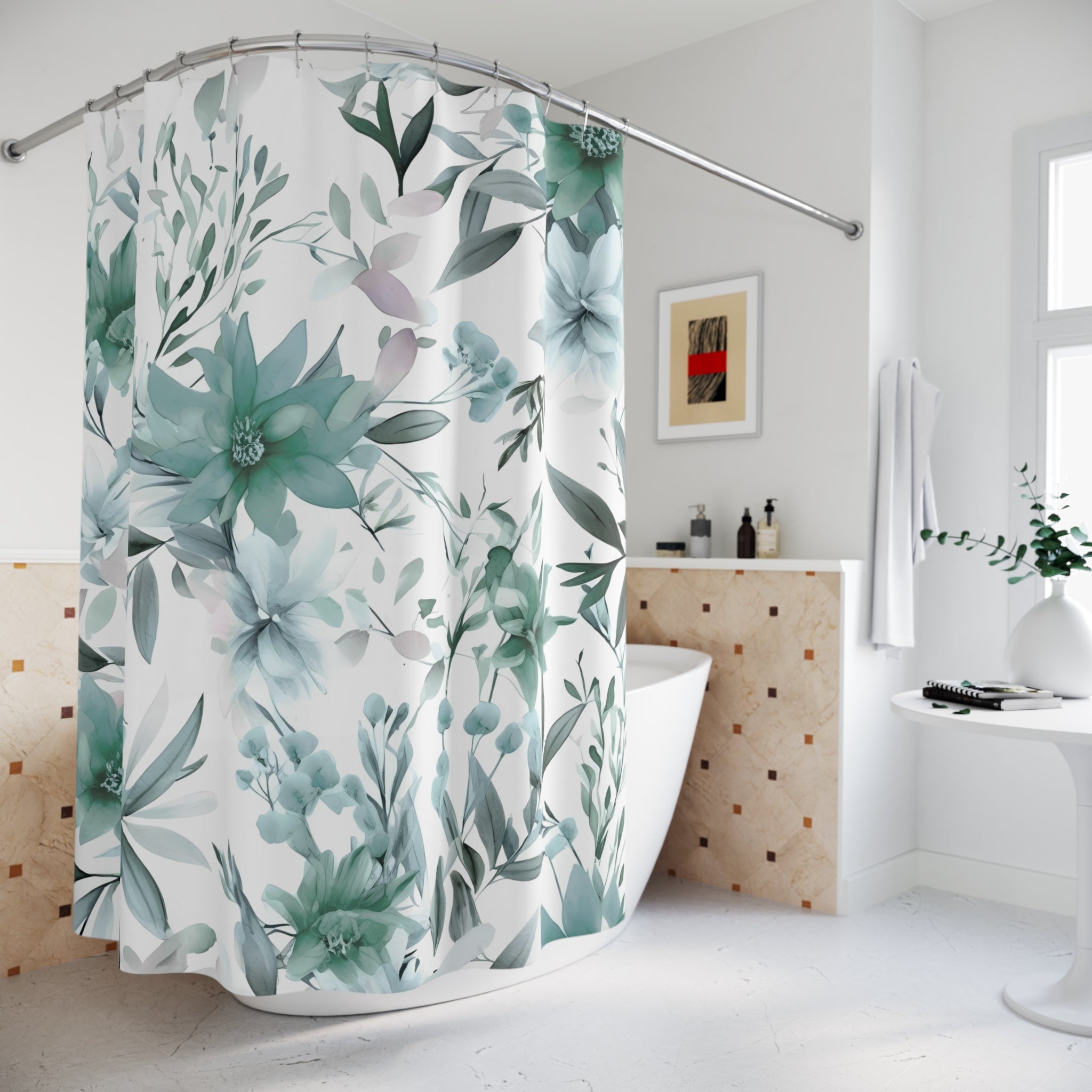 Floral Shower Curtain | Sage Green, White Watercolor