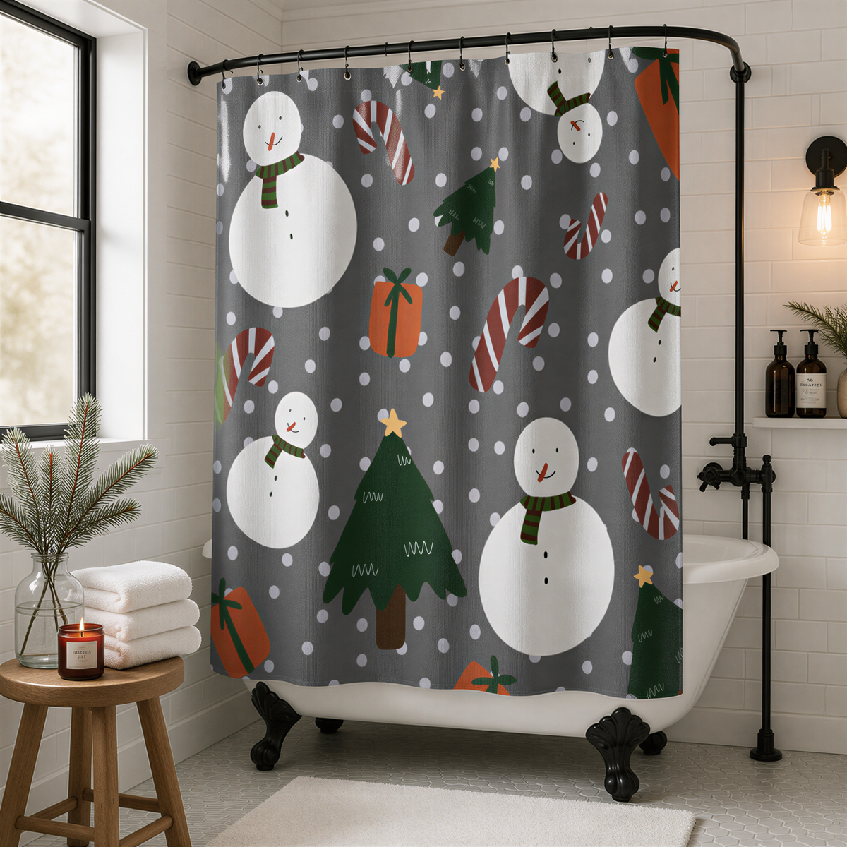 A bathroom with a white bathtub, featuring a shower curtain with a festive winter scene design. The shower curtain has snowmen, presents, and Christmas trees printed on it, creating a cheerful and holiday-themed atmosphere.