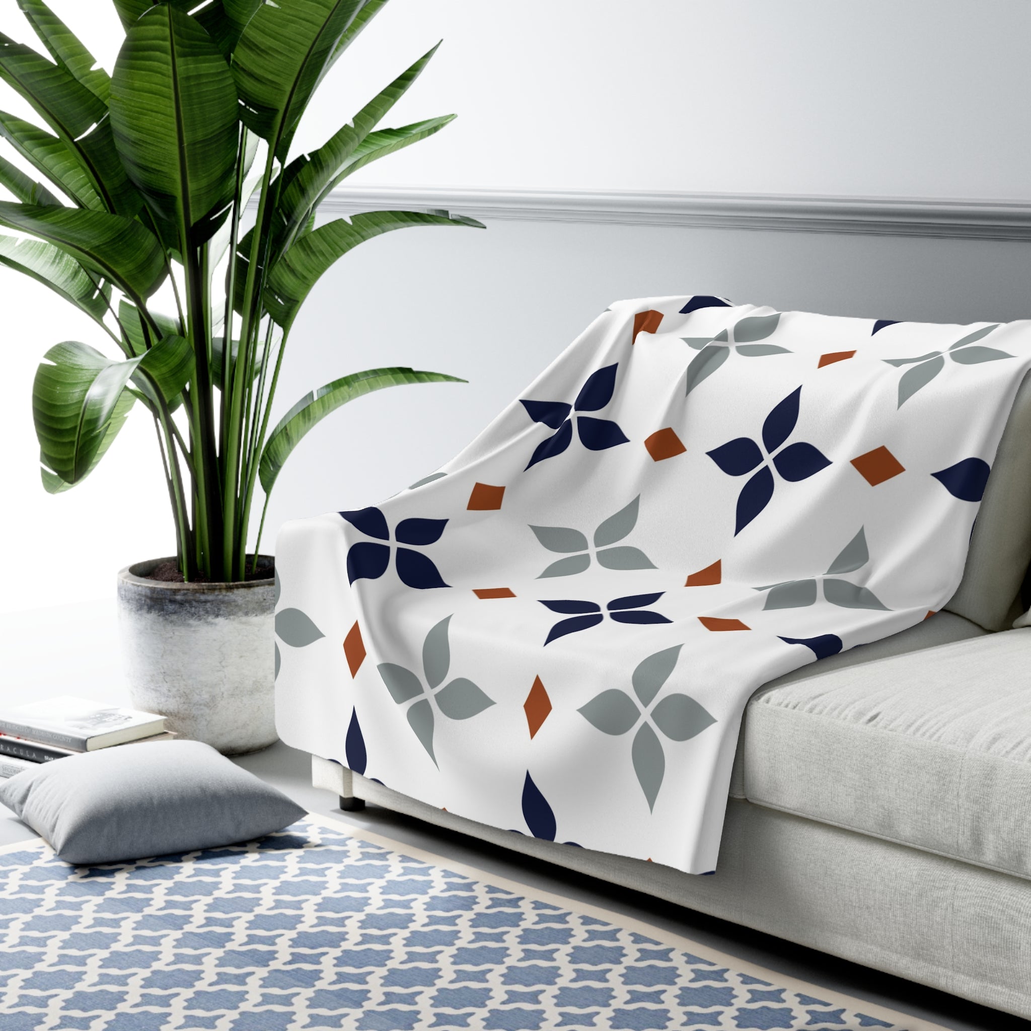 Comfy Throw Blanket | Vintage Art Deco, Nouveau White, Navy Blue, Grey