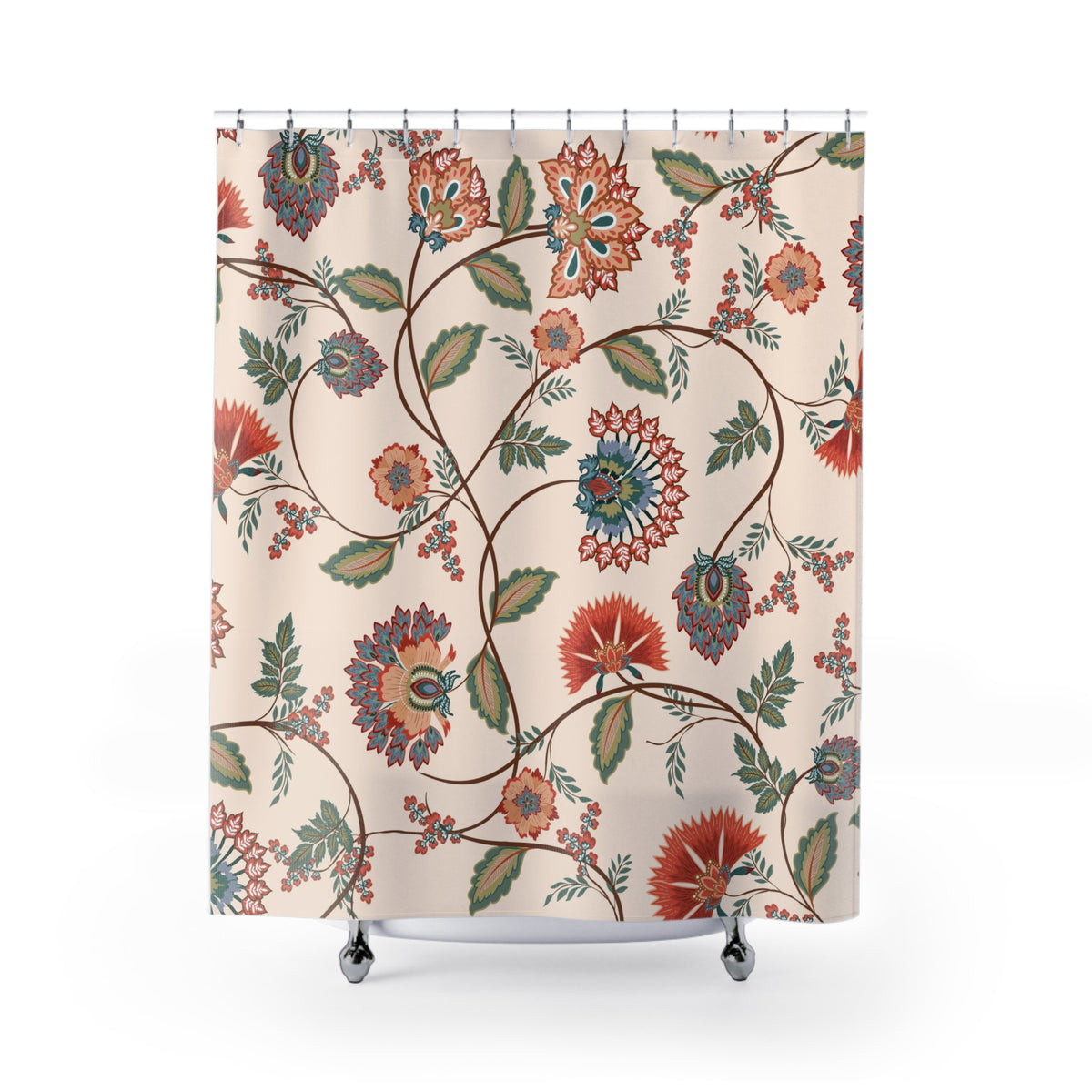a shower curtain with a floral pattern in shades of orange, green, and red.