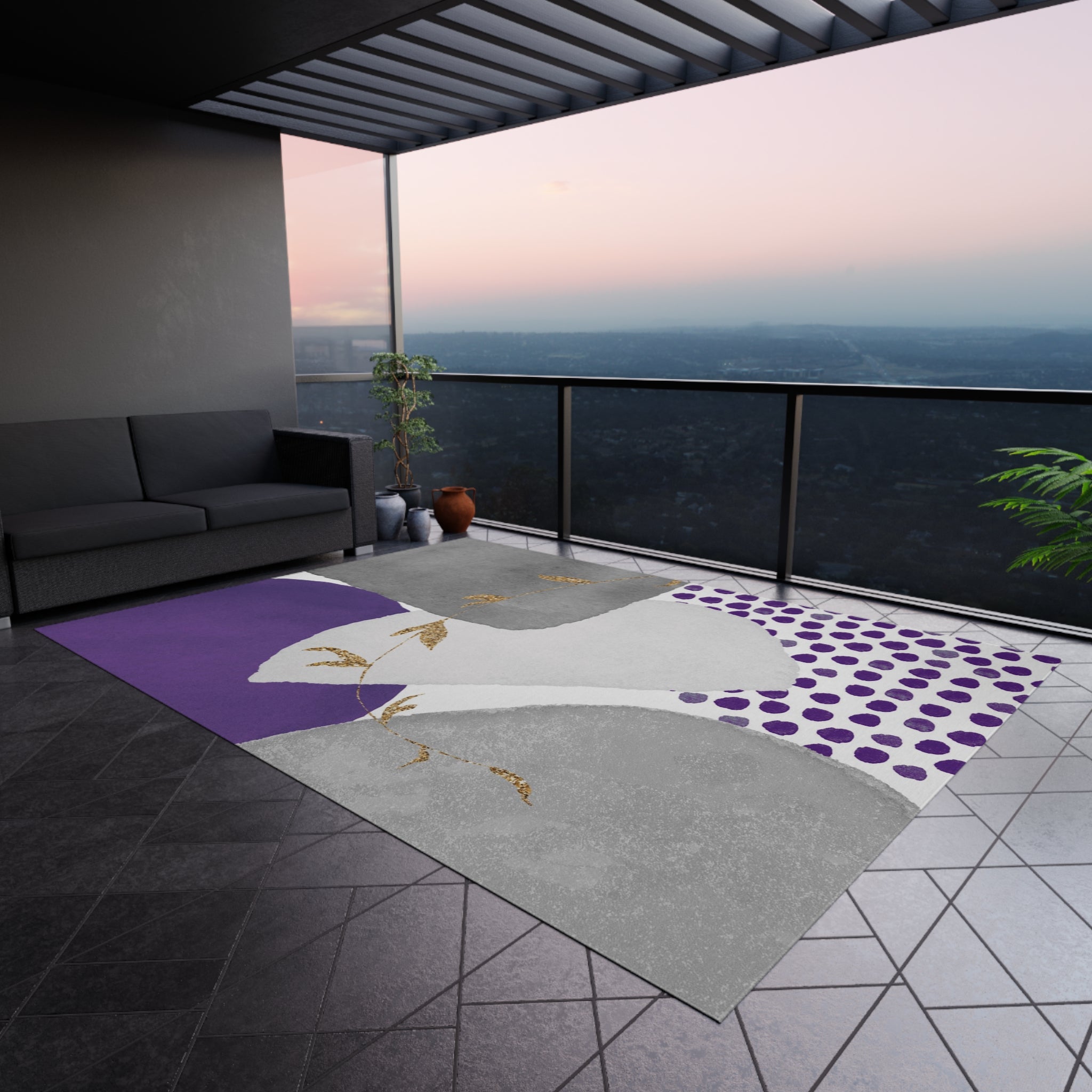 Abstract Outdoor Rug | Grey Lilac Lavender Purple | Minimalist, Stylish Patio, Porch Floor Mat