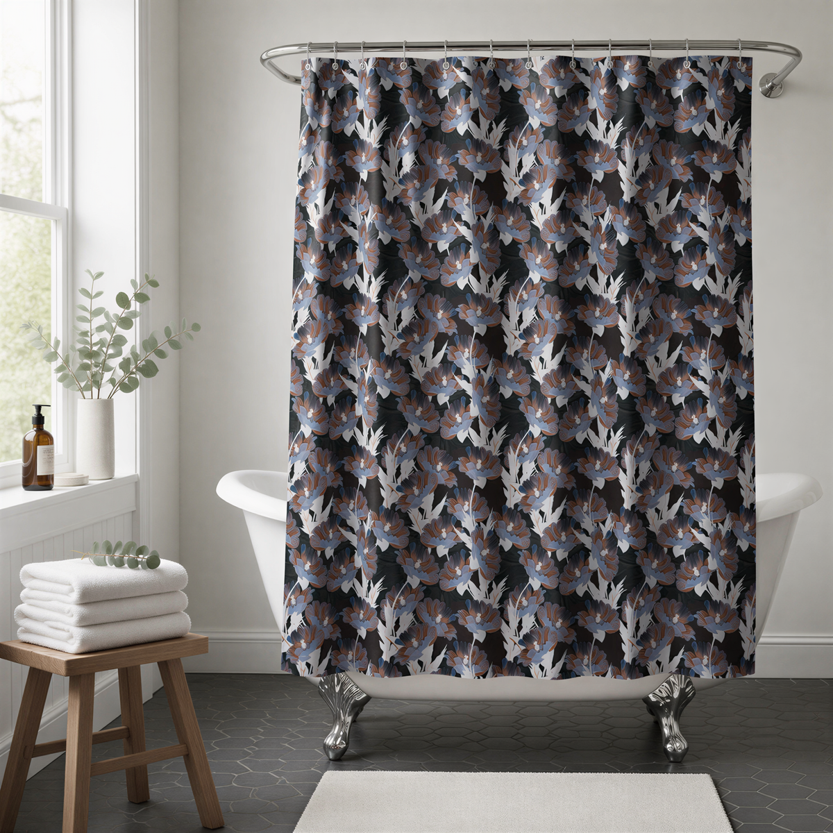 a bathroom with a white bathtub, a wooden stool, and a shower curtain with a floral pattern.