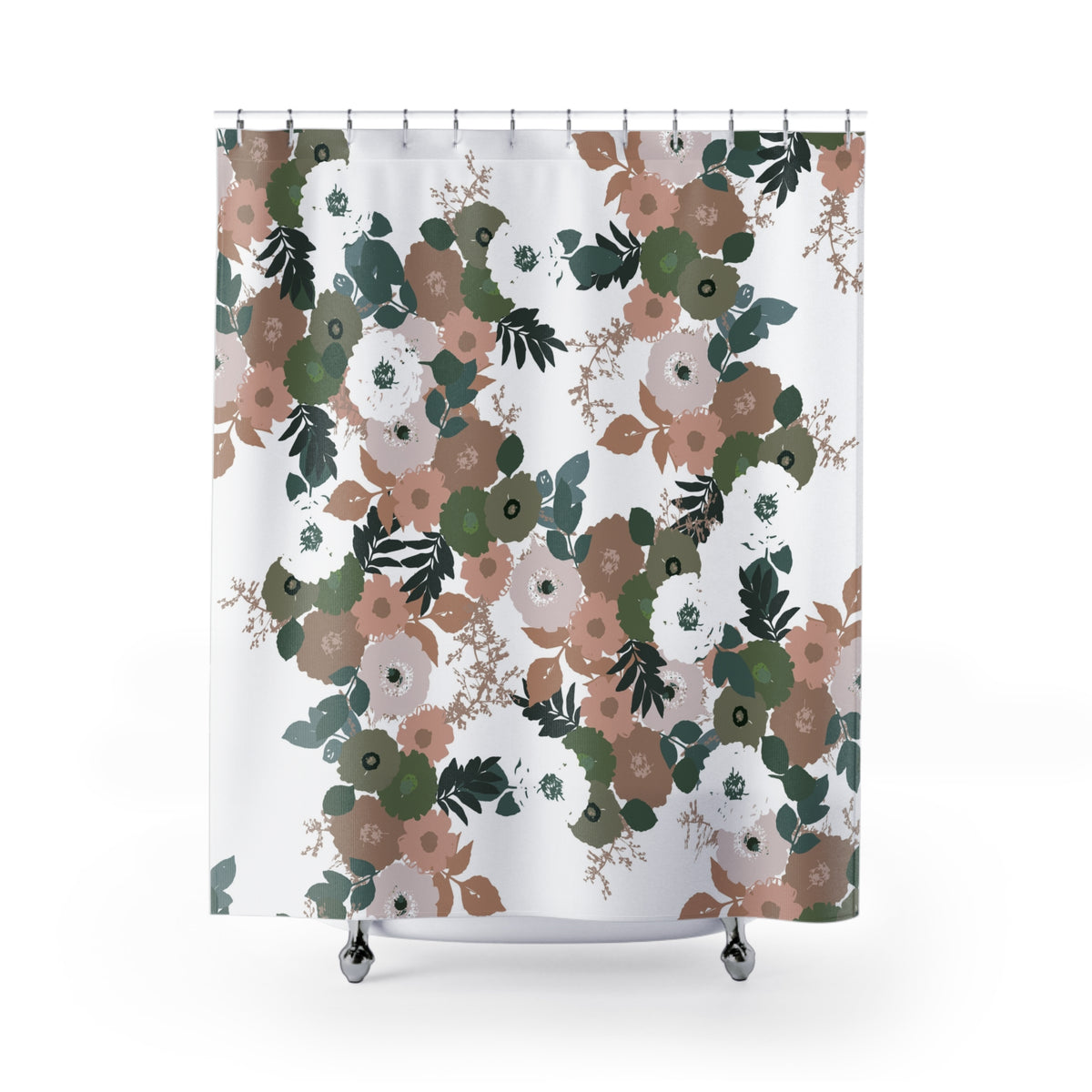 a shower curtain with a floral pattern of various colored flowers and leaves.