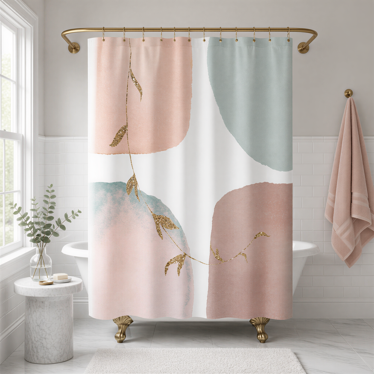 A bathroom with a white bathtub, a shower curtain with a floral design in pastel colors, and a towel rack.