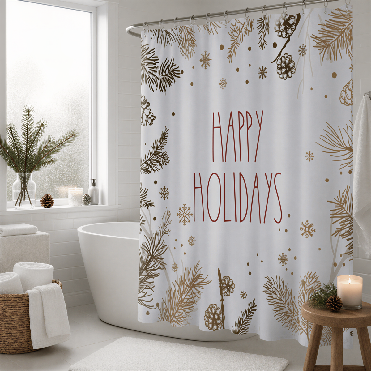 A bathroom with a white bathtub, a shower curtain with a "Happy Holidays" message, and a small table with a candle.