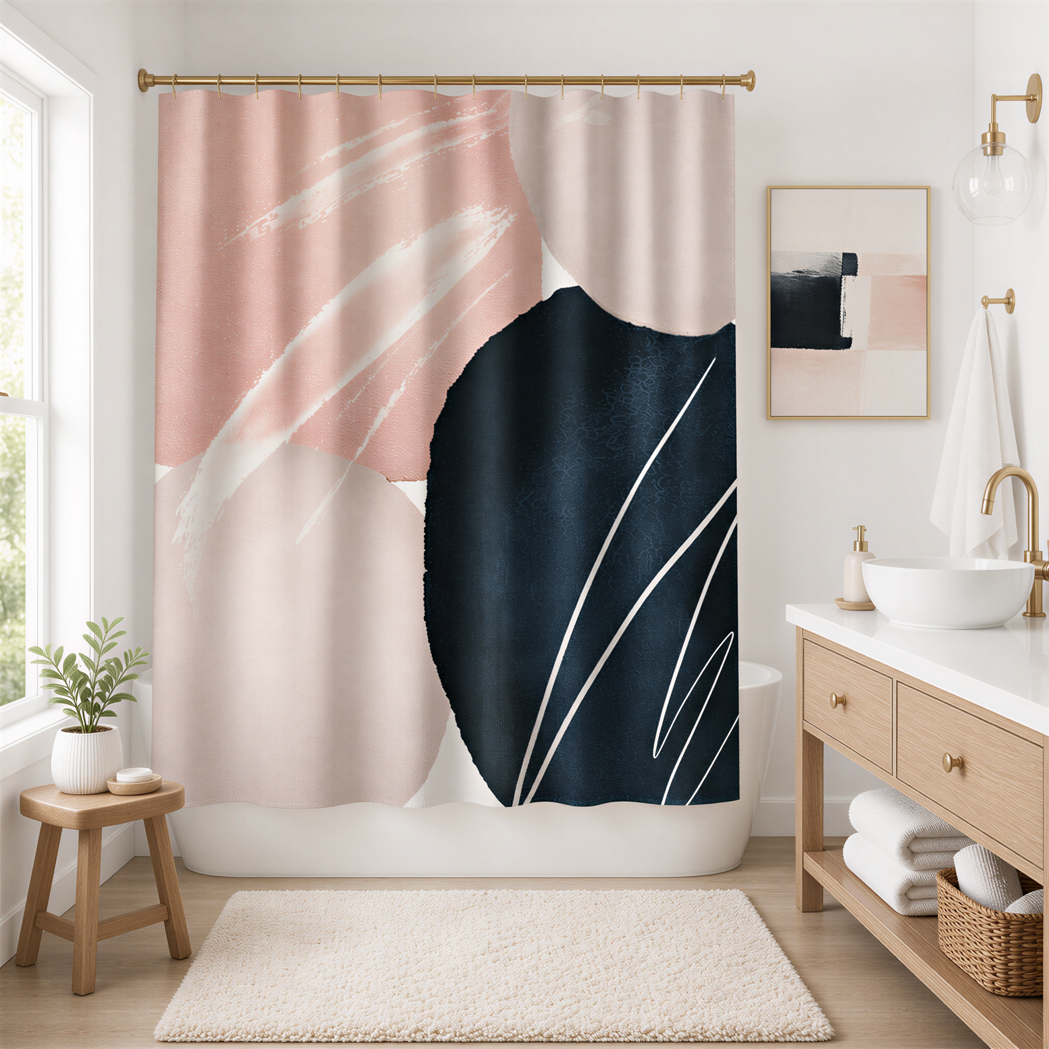 a bathroom with a large abstract shower curtain featuring a mix of pink, black, and white colors. The bathroom also includes a wooden vanity, a sink, and a plant.