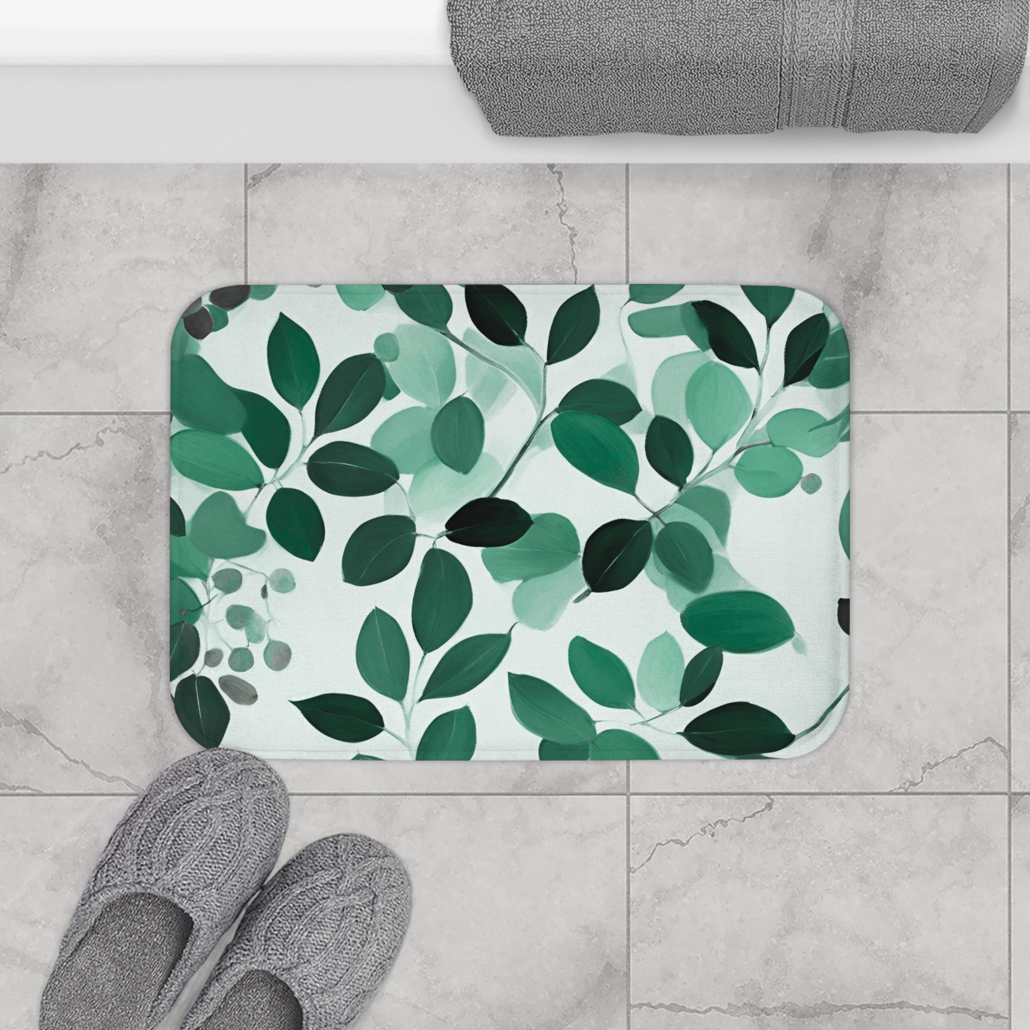 Boho Abstract Leaves Bath Mat | Sage Emerald Green Kitchen Mat