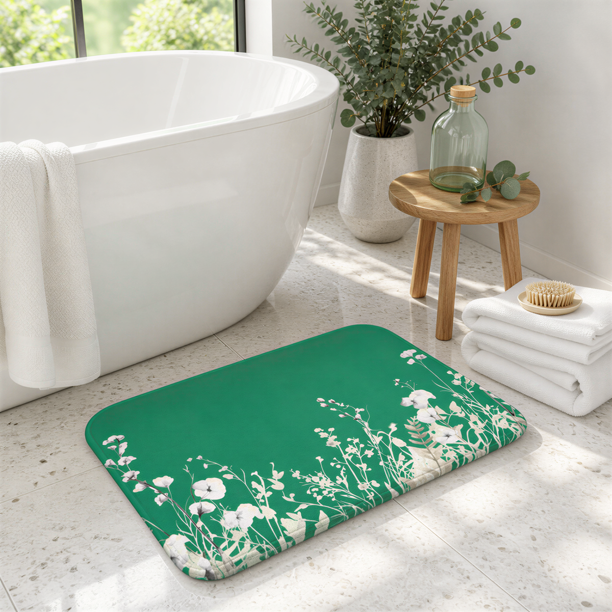a bathroom with a white bathtub, a green bath mat with white flowers, a wooden stool, and a potted plant.
