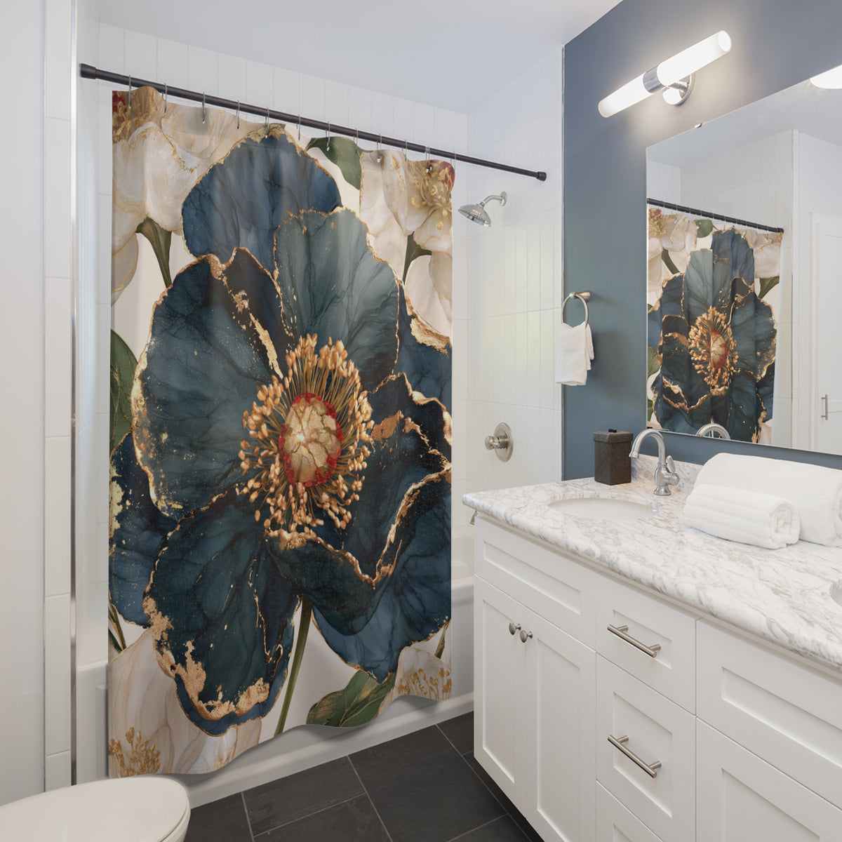 Navy Ivory Anemone Floral Shower Curtain, Bath Curtain 71x74