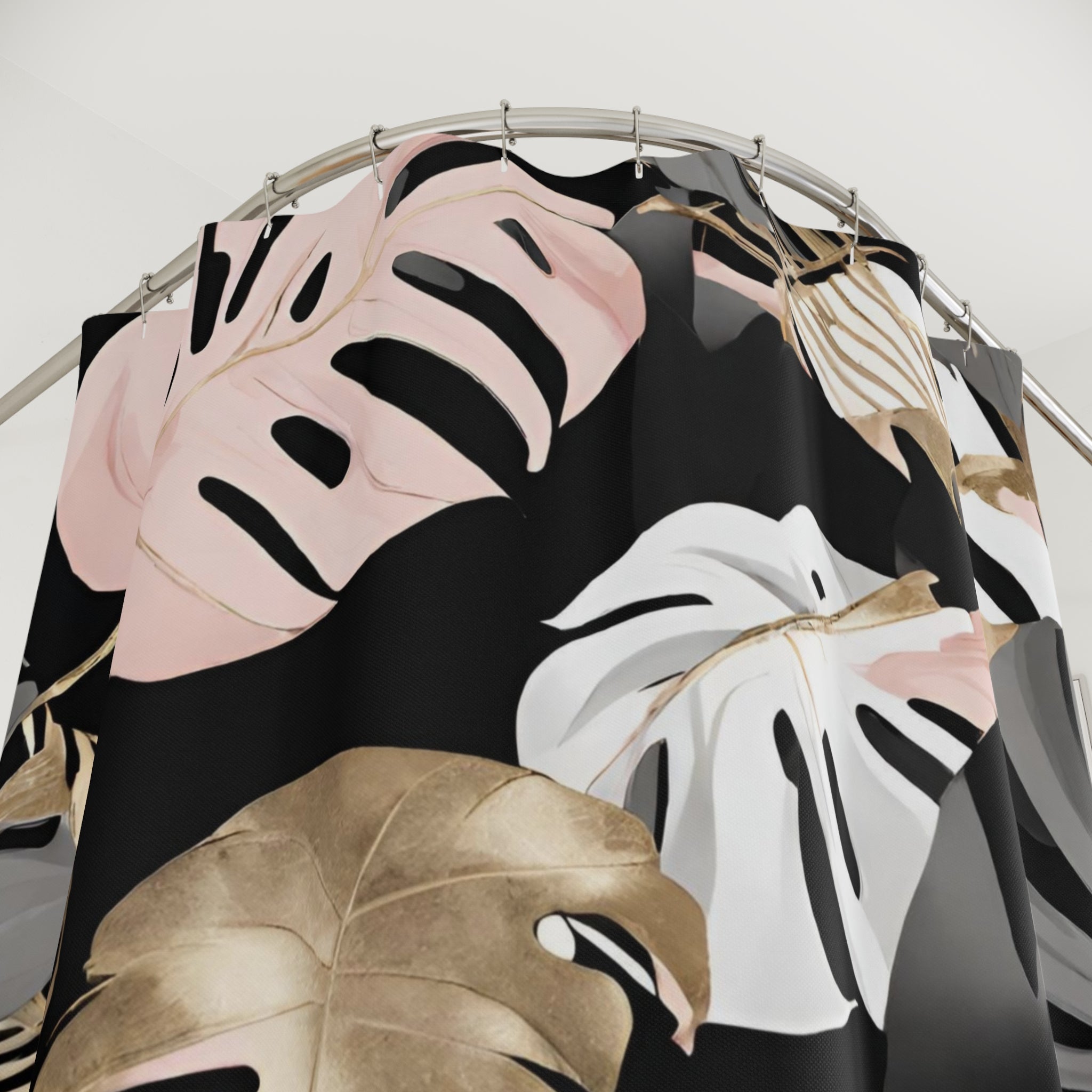 Black Floral Shower Curtain | Blush Pink White Leaves Bathroom