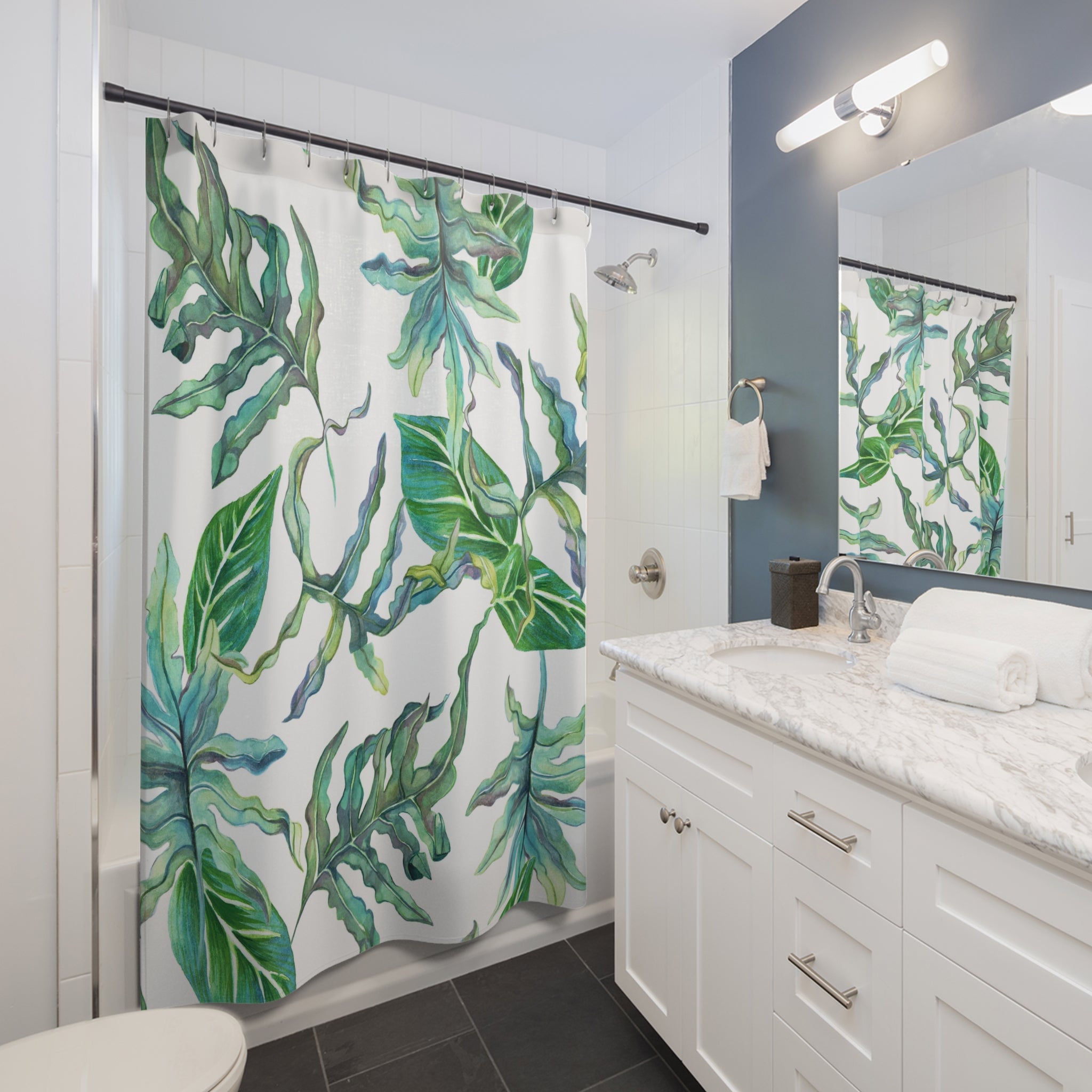 Boho Shower Curtain | White Green, Herbal Leaves Watercolor