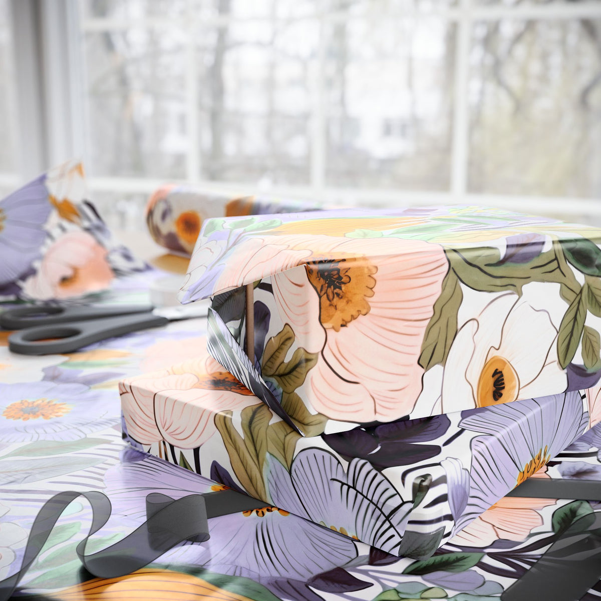 Lilac Peach Garden Blossom Wrapping Paper, Floral Gift Wrap