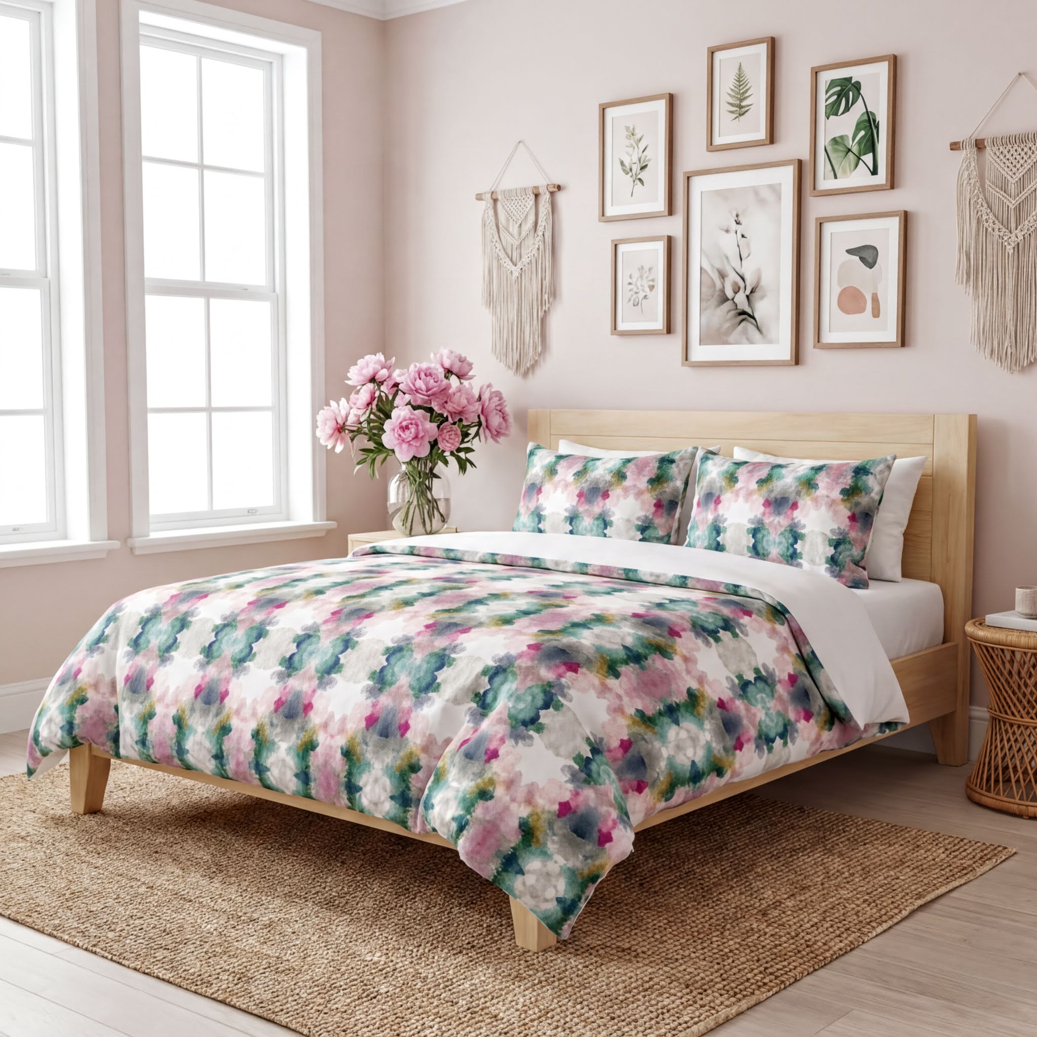 a cozy bedroom with a large bed adorned with a colorful, tie-dye comforter and matching pillows. The room features a large window, a woven side table, and a vase of pink flowers on the windowsill. The walls are decorated with framed artwork, and a woven rug covers the floor, adding to the overall aesthetic of the space.