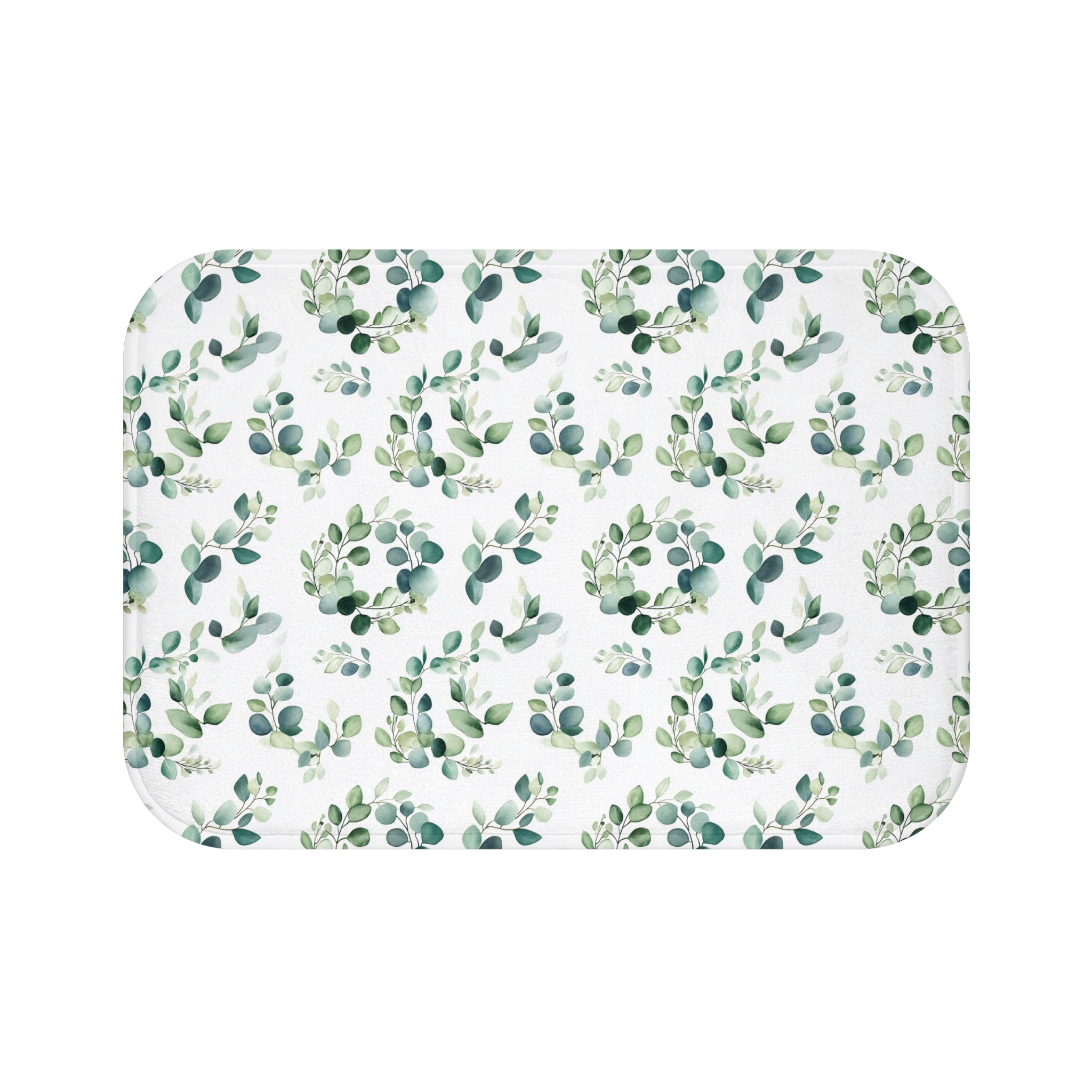 Tropical Leaves Bath Mat | Sage Teal Green White Eucalyptus Nature Kitchen Mat