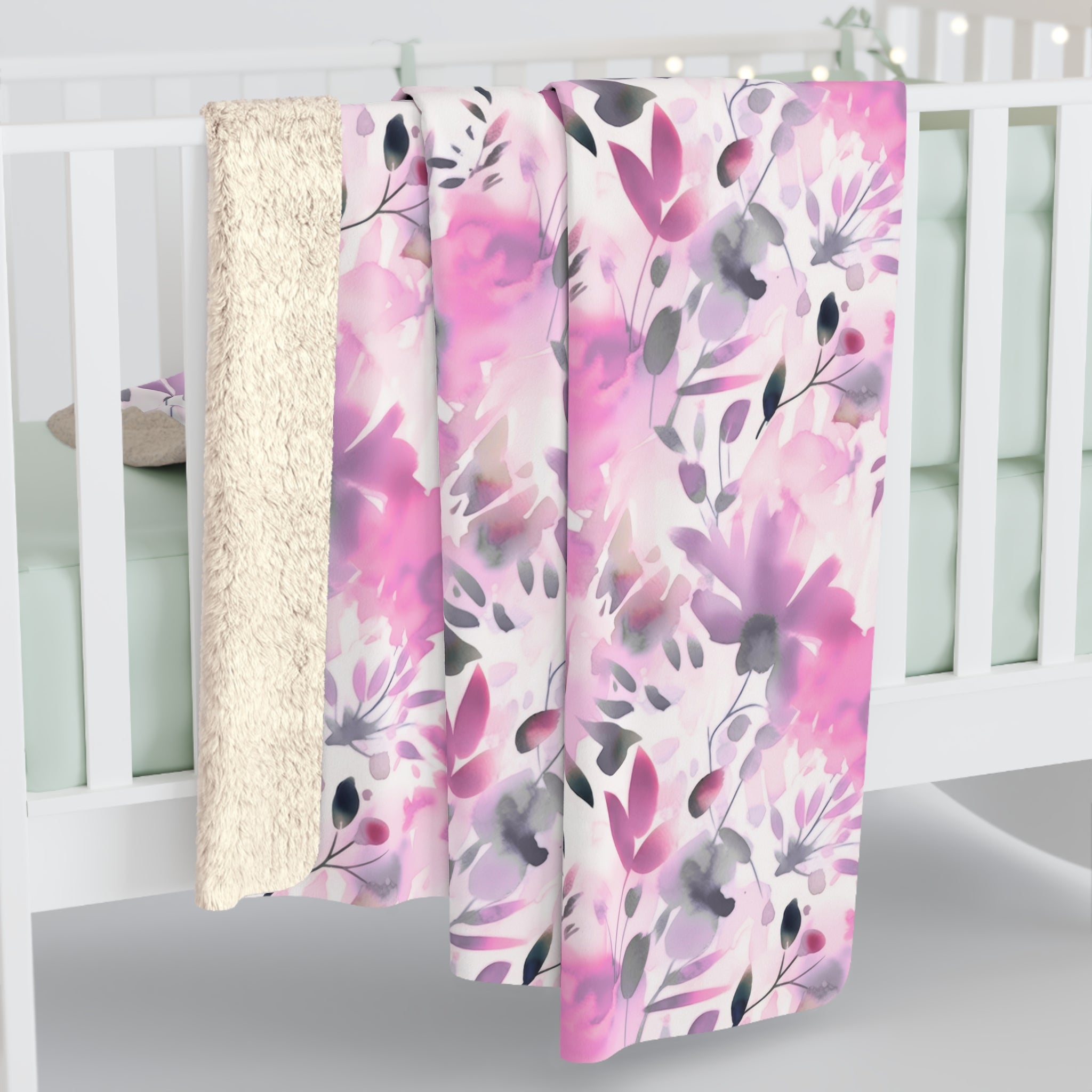 Floral Throw Blanket | White Pink Purple Green Watercolor