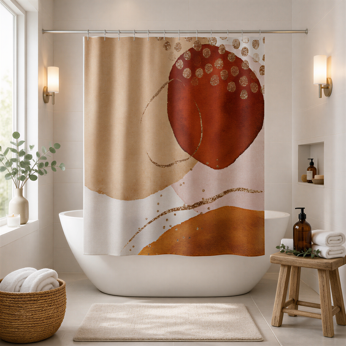 a bathroom with a large abstract shower curtain featuring a mix of brown and orange colors, along with gold polka dots. The bathroom is well-decorated with a wooden stool, a basket, and various toiletries, creating a cozy and inviting atmosphere.