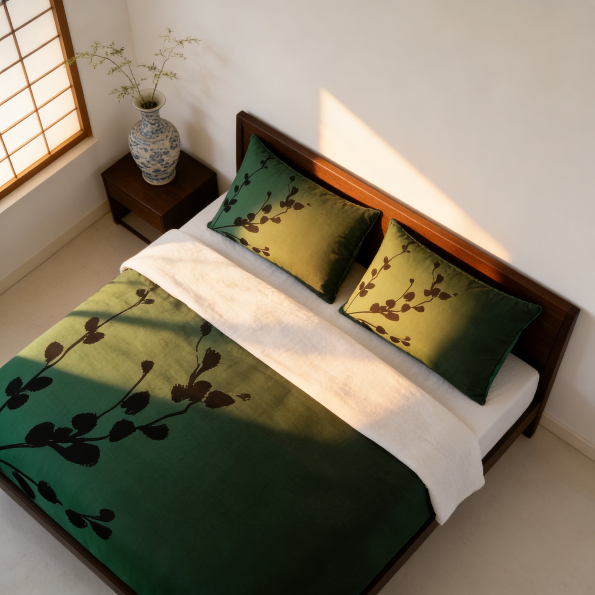 a neatly made bed with a green and white bedspread featuring a leafy pattern. The bed is set against a white wall, and there is a small table with a vase of flowers on it. The room has a minimalist and serene atmosphere.