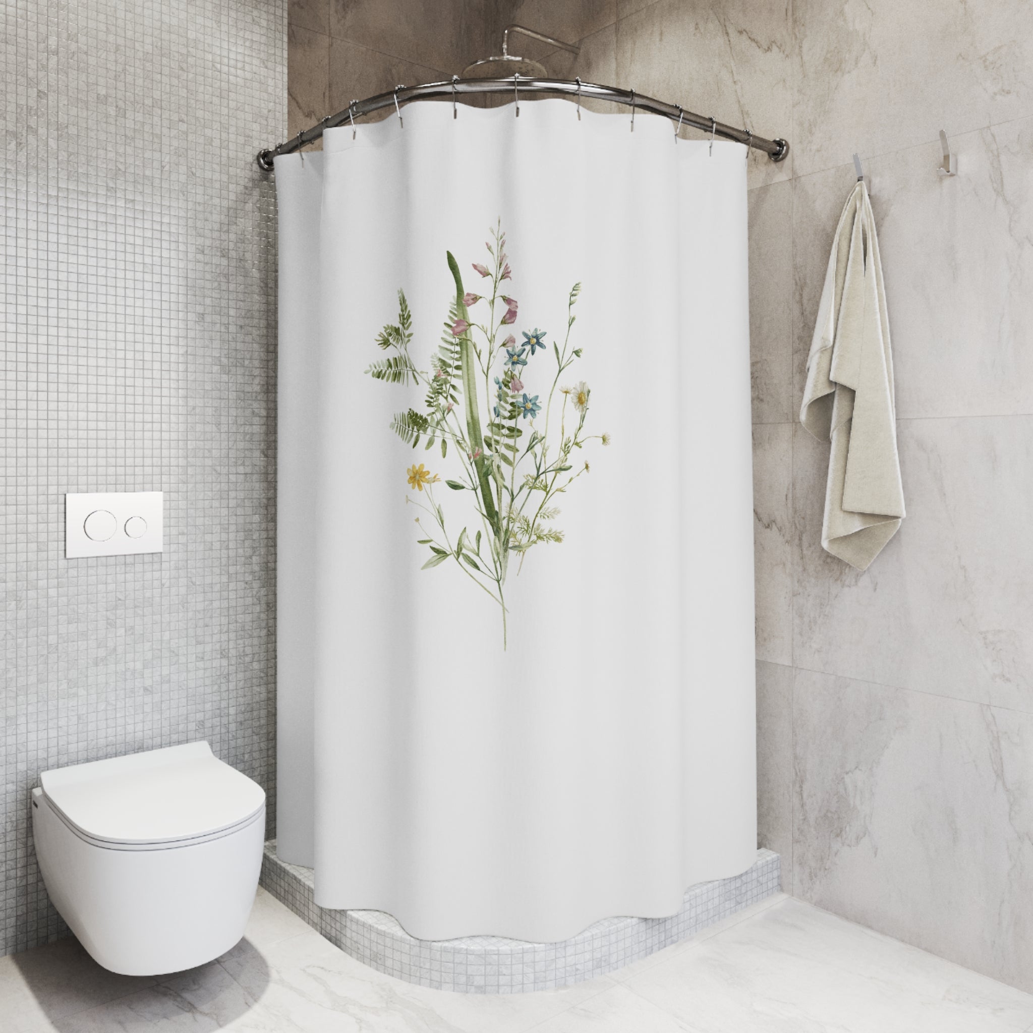 White Shower Curtain | Floral, Sage Green Leaves