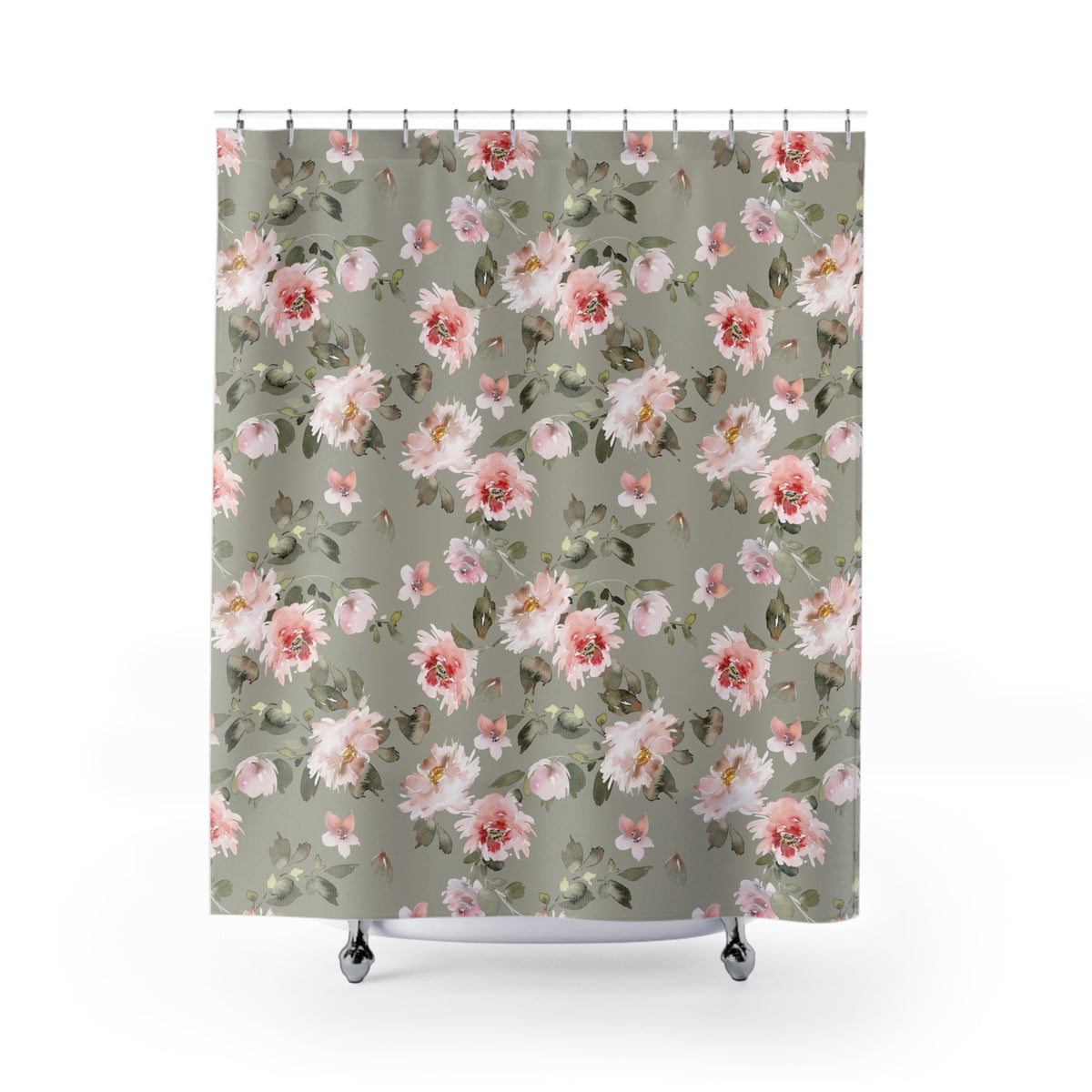 a shower curtain with a floral pattern of pink and green flowers.
