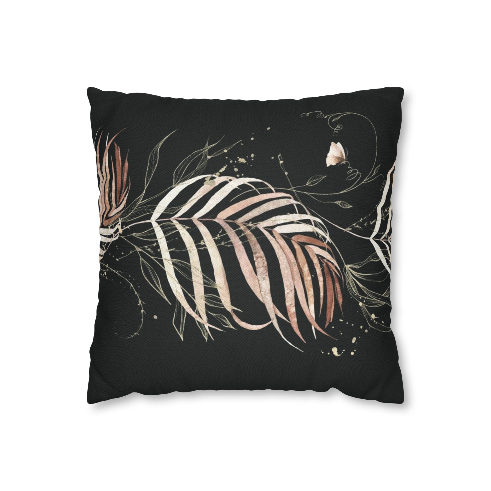 Black Floral Pillow Cover | Beige Leaves