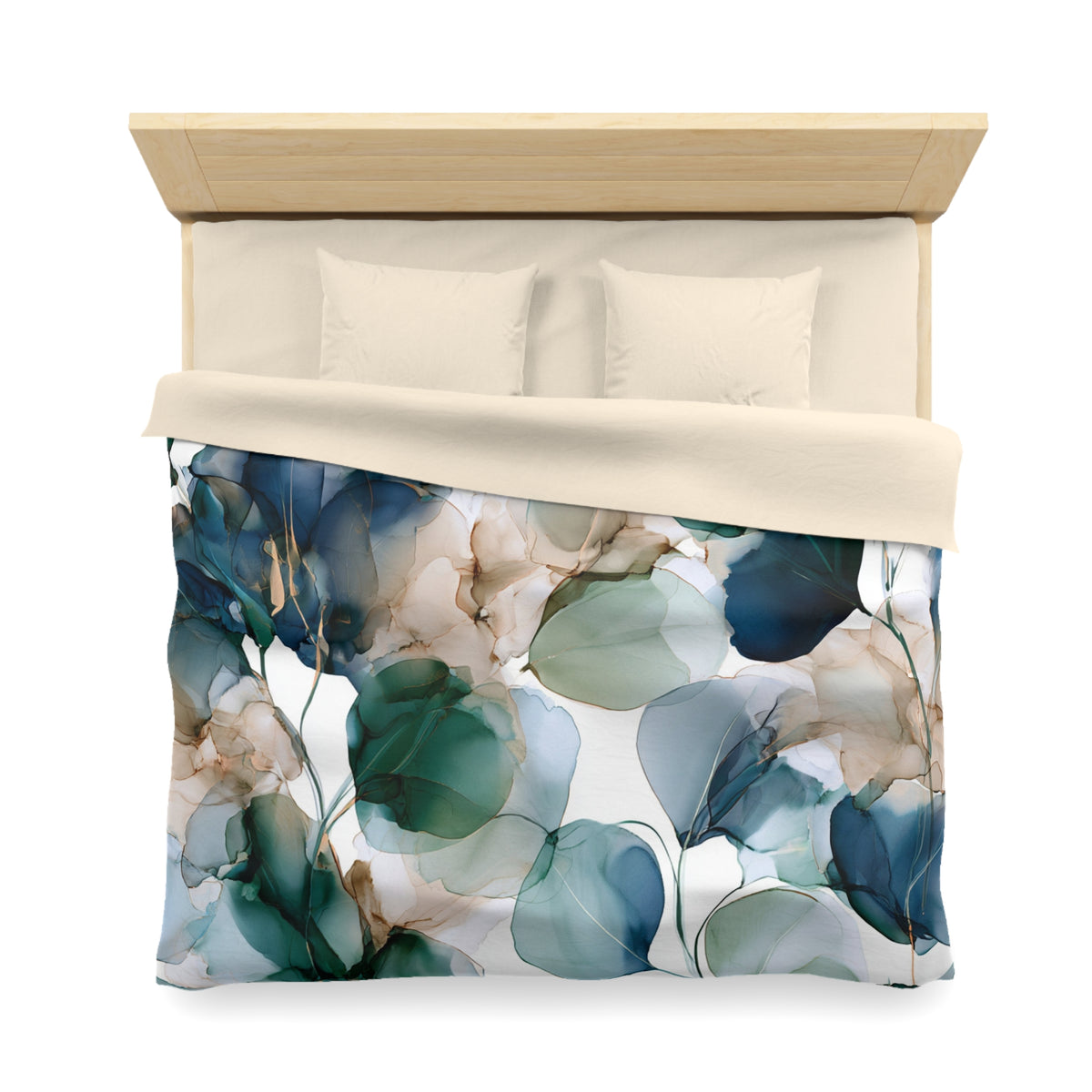 a bed with a white and blue comforter
