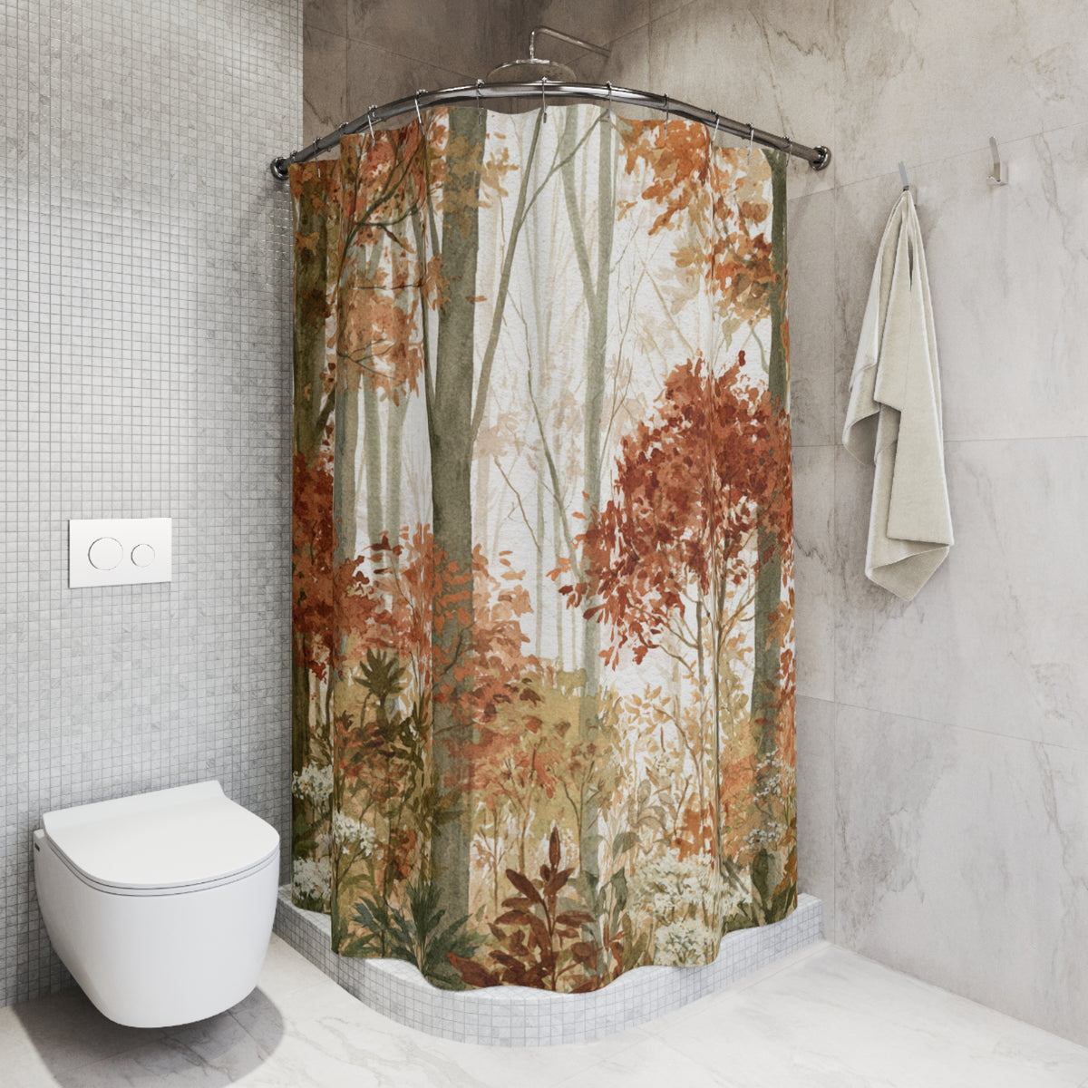 a bathroom with a shower curtain that has a forest scene design, including trees and foliage in shades of brown and green. The shower curtain is hanging from a rod next to a towel.