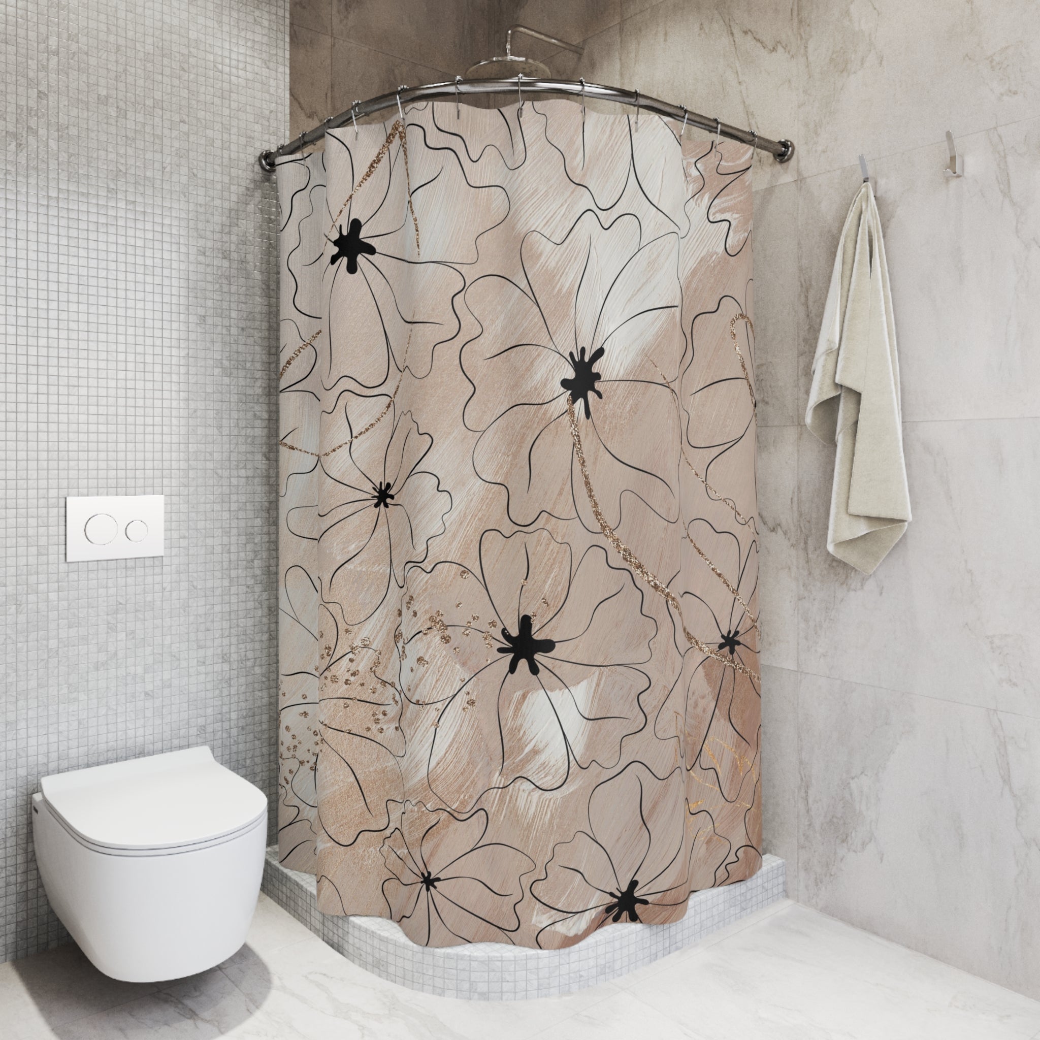 Boho Shower Curtain | Abstract Beige Floral Taupe Black Line Art