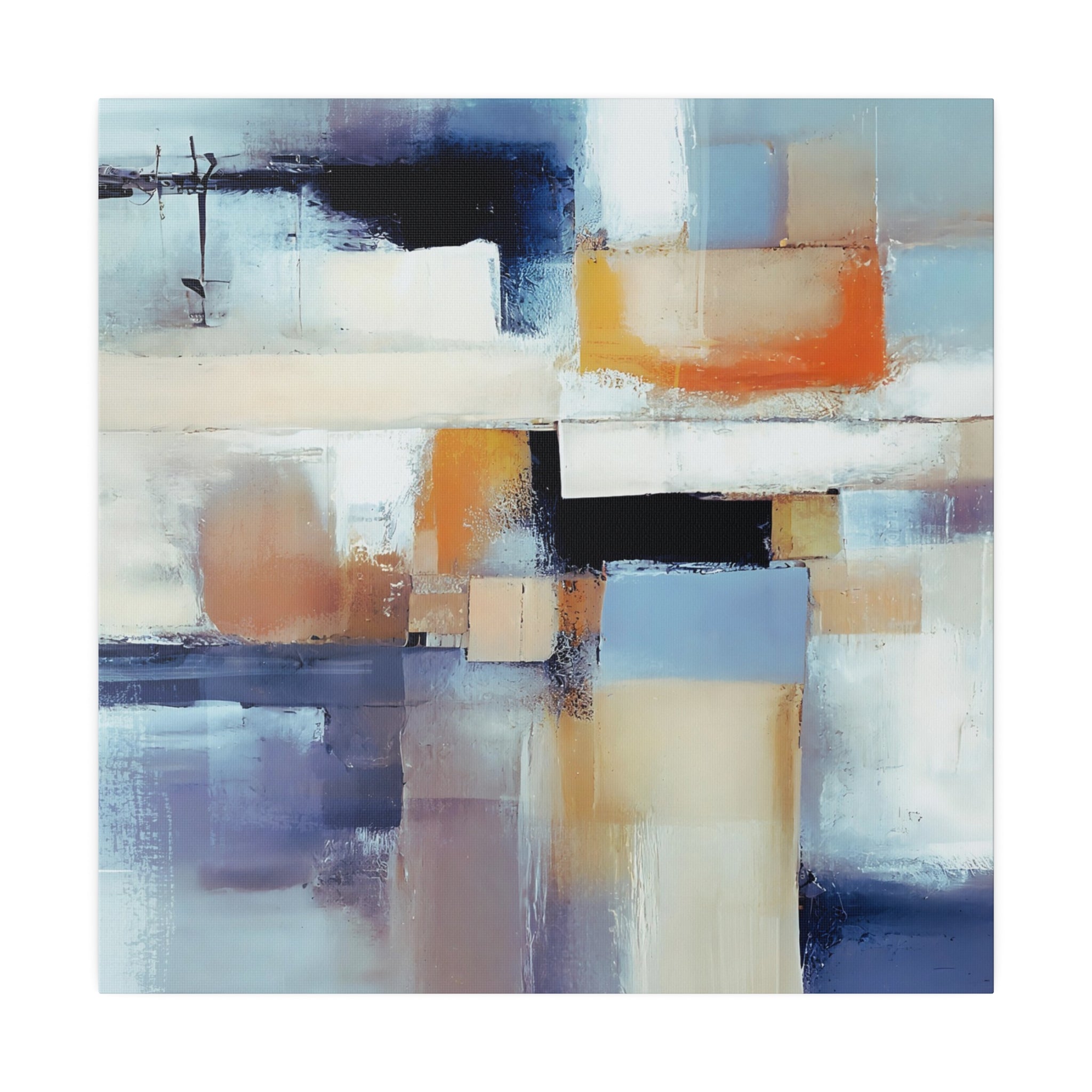 Blue and beige abstract canvas art, gallery-wrap edge view