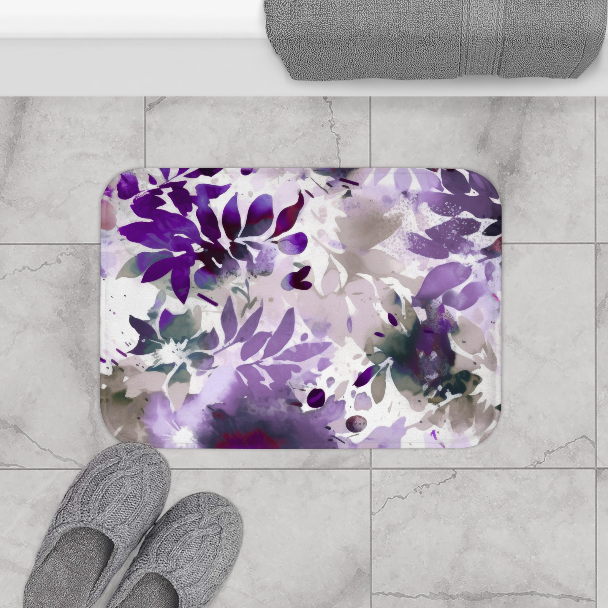Abstract Bath Mat | Lavender Purple Beige Leaves Floral Kitchen Mat
