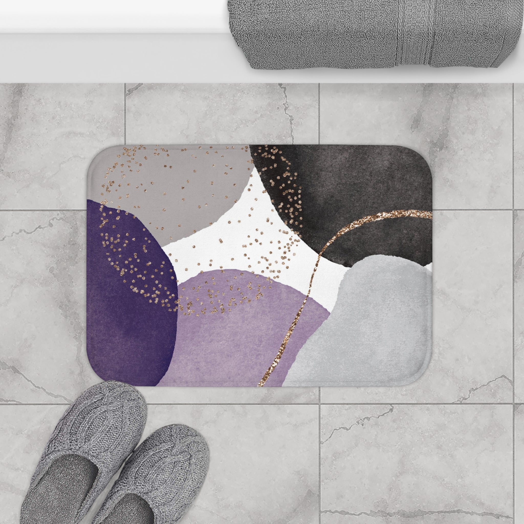 Boho Bath, Kitchen Mat | Modern Black Lavender Purple, Grey Bathroom
