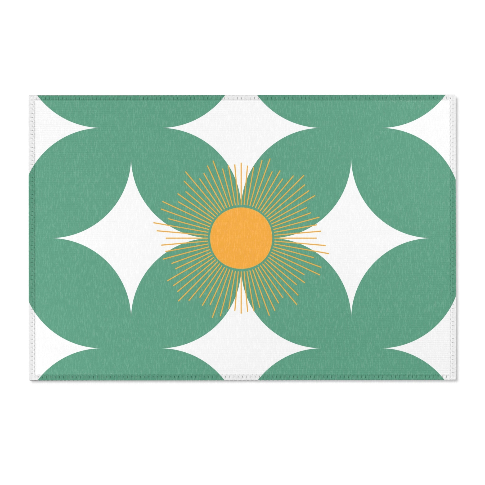 Mid-Century Area Rug | Modern Rug, Geometric Sage Green White, Orange Sun