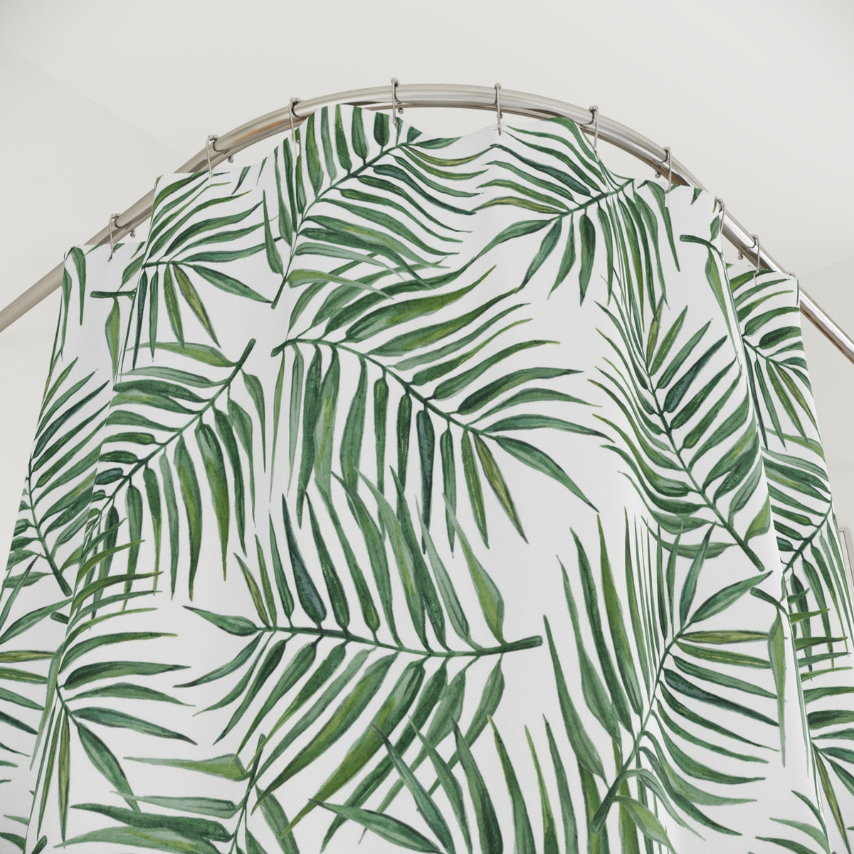Green Palm Frond Watercolor Shower Curtain, Bath Curtain 71x74