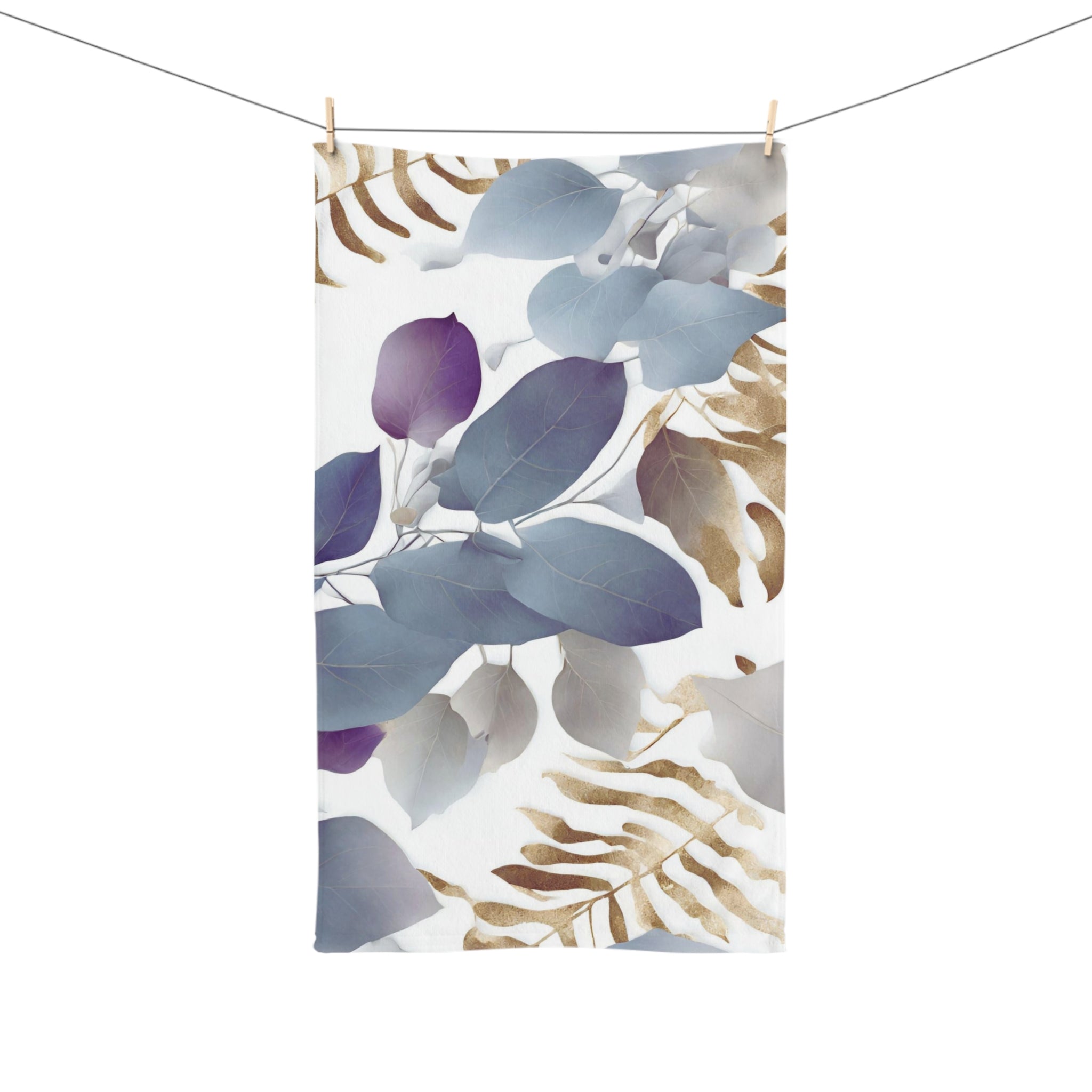 Floral Kitchen, Bath Hand Towel | Tropical Eucalyptus Leaves, Blue Purple White