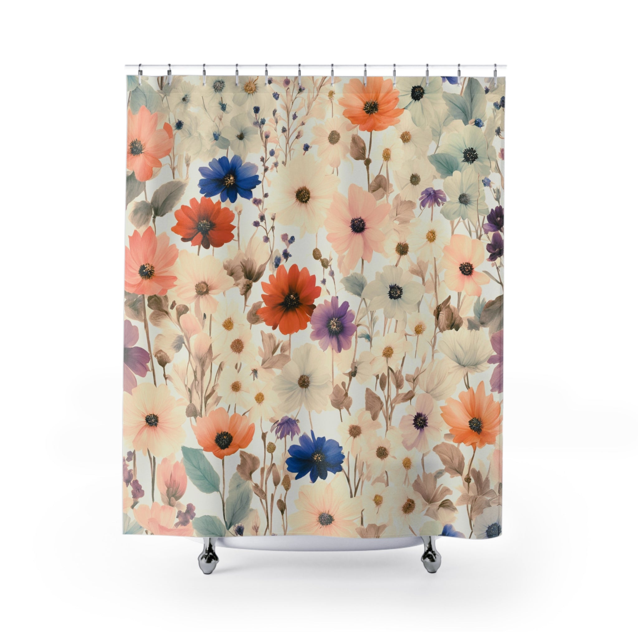 Modern Shower Curtain | Colorful, Beige Floral Bath Curtain